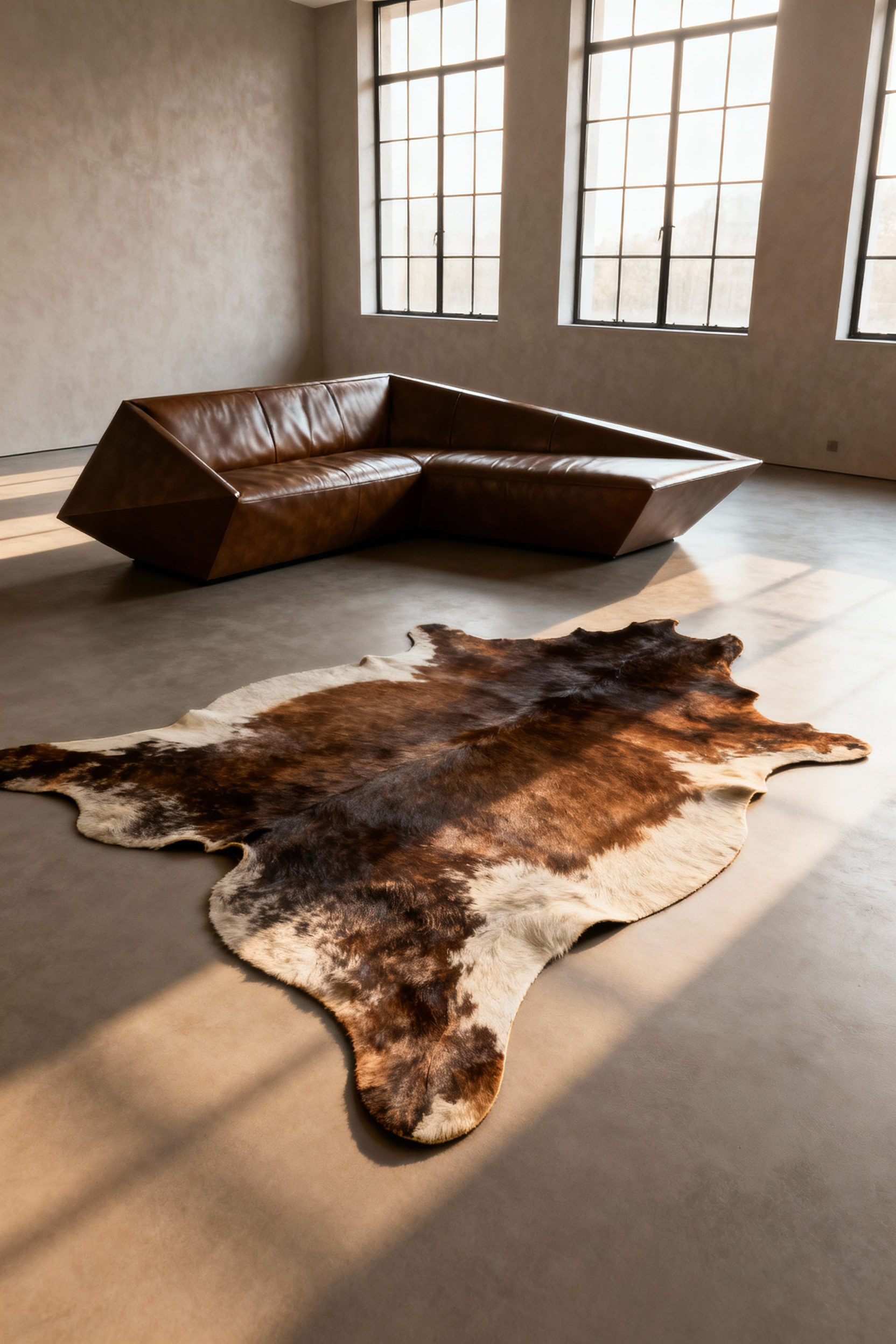 Modern living room with a genuine cowhide irregular shaped rug underneath a sleek, angular leather sofa, creating organic flow and a unique focal point.