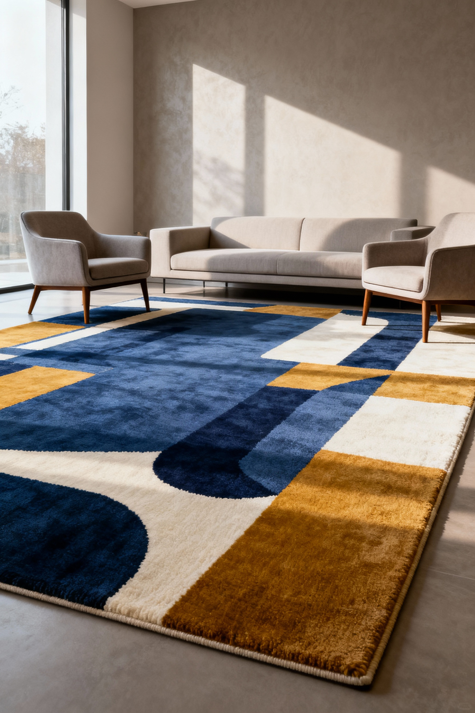 Stylish living room with a large, abstract geometric rug acting as a focal point. Sofa and armchairs are arranged around the colorful rug, showing elevated home design.
