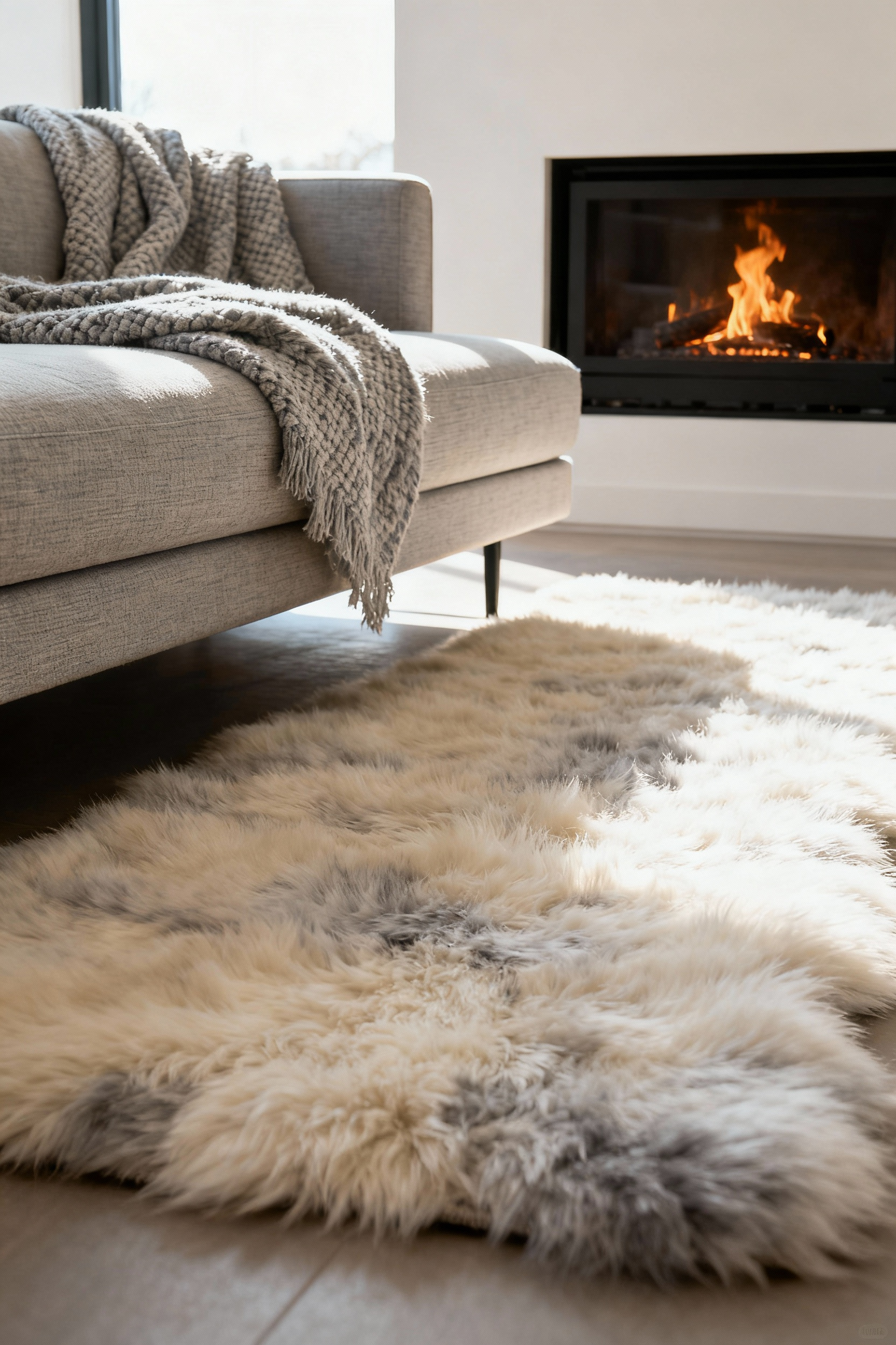 Luxurious living room with a plush cream and grey wool rug, hinting at cozy winter decor, designed for seasonal textile rotations.