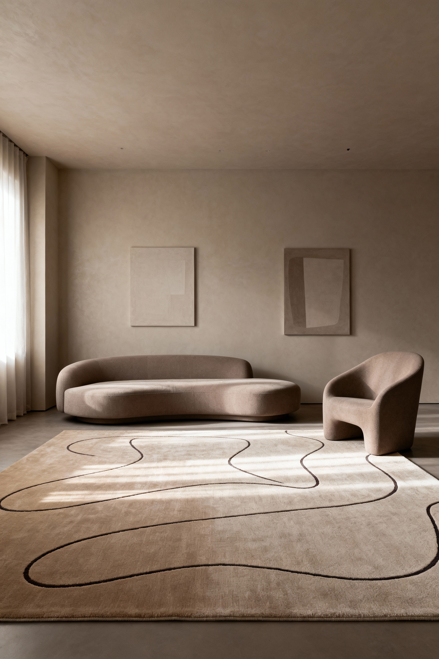 Oversized contemporary abstract rug in earthy tones anchoring a minimalist living room with curated art, reflecting personal brand identity, professional photo, no people.