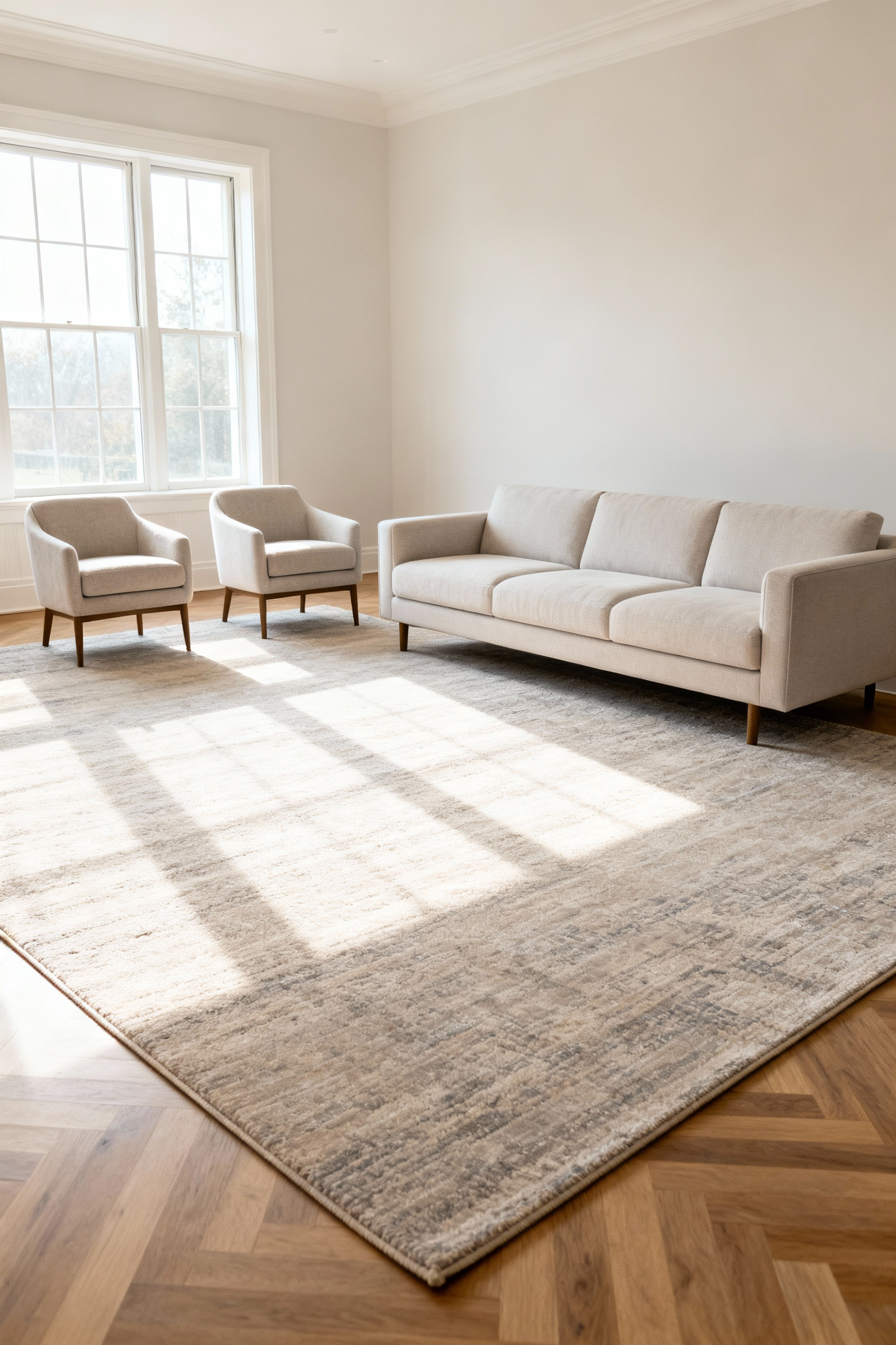 A modern living room with a large, perfectly proportioned grey area rug extending under the front legs of a sofa and two chairs, showcasing ideal rug scale. Elegant interior design, no people.