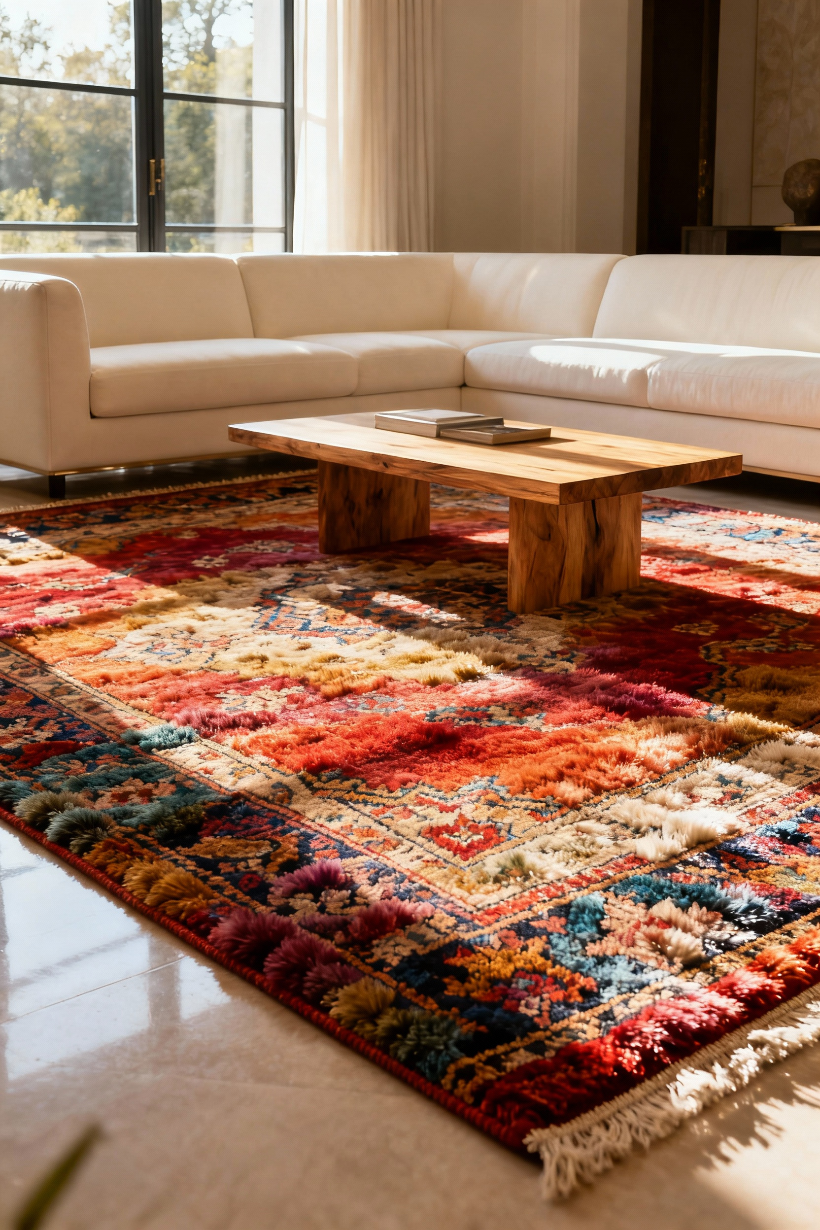 Vibrantly colored, professionally maintained Persian rug anchoring a luxurious living room space, highlighting preserved integrity and vibrancy.