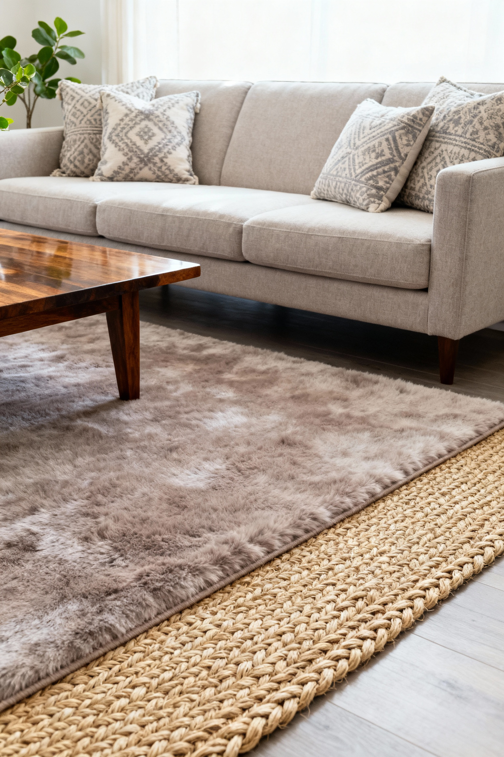 Portrait view of a chic living room featuring layered wool and jute rugs, highlighting the durable natural fibers for elevated home design.