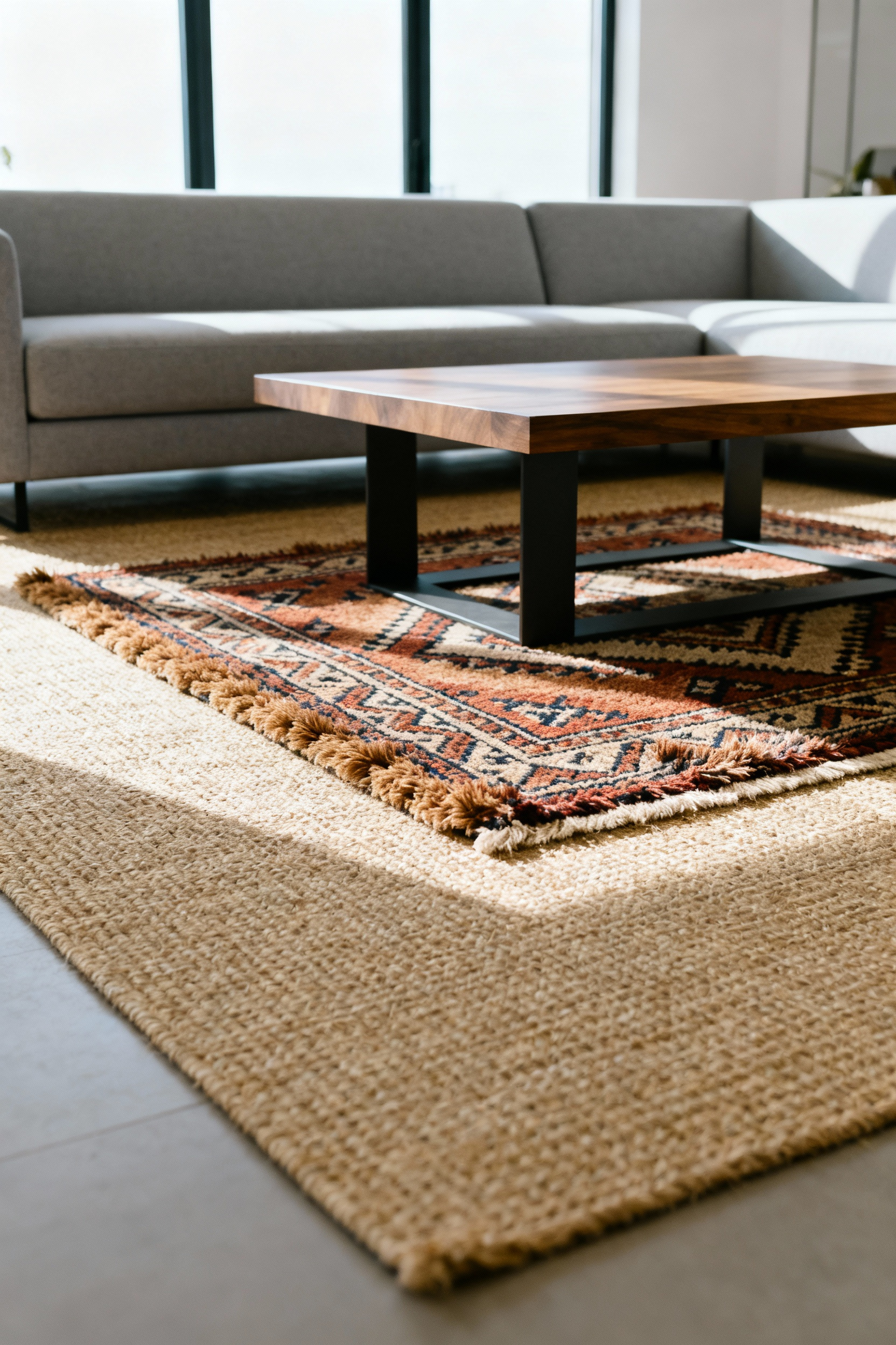 A stylish living room showcasing a large natural jute rug layered with a smaller cream and charcoal patterned Moroccan shag rug, beneath a coffee table and sofa, adding visual depth and warmth.