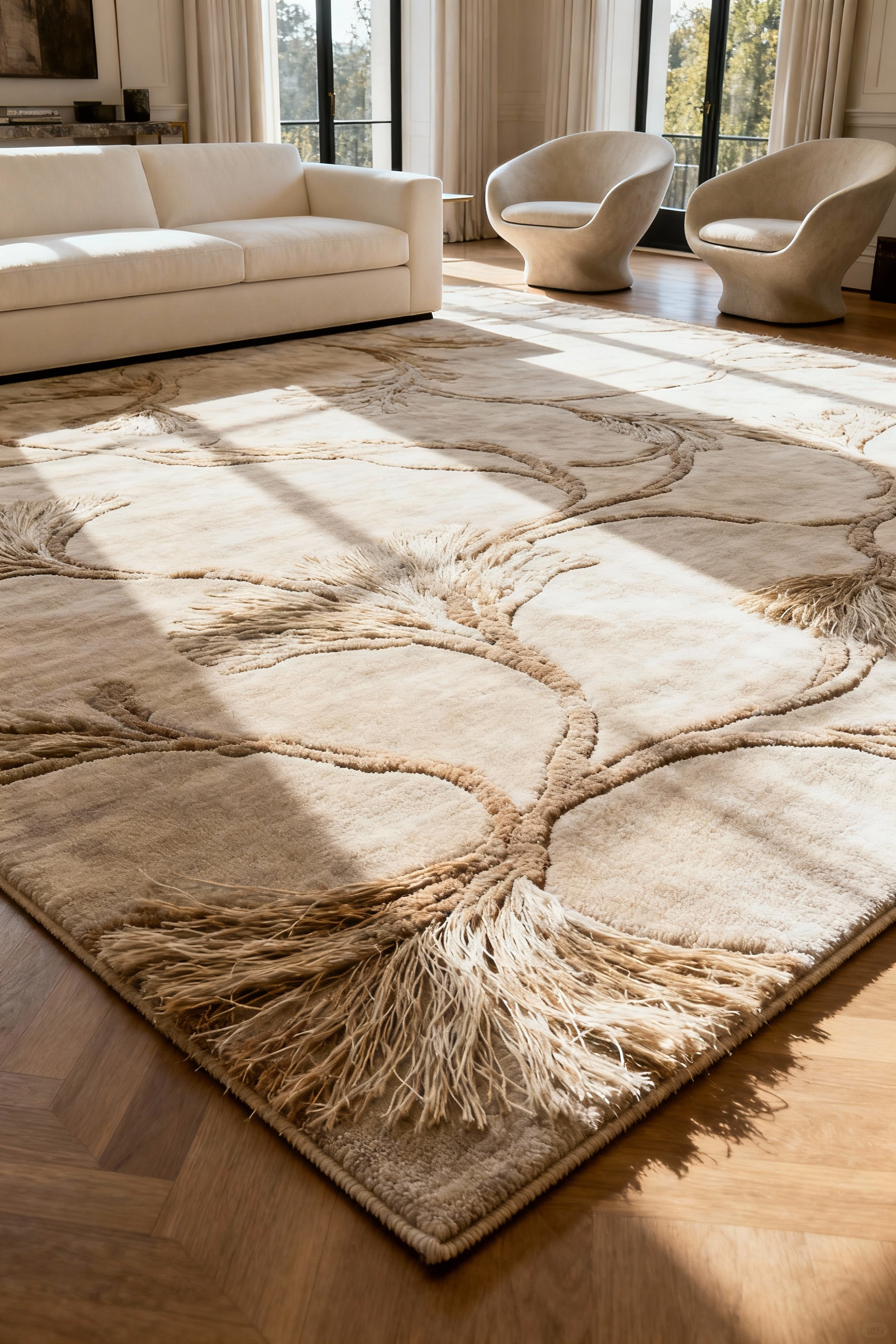 Luxury living room with a unique, custom-designed rug in organic patterns, anchoring a sophisticated cream sofa and armchairs, bathed in natural light.