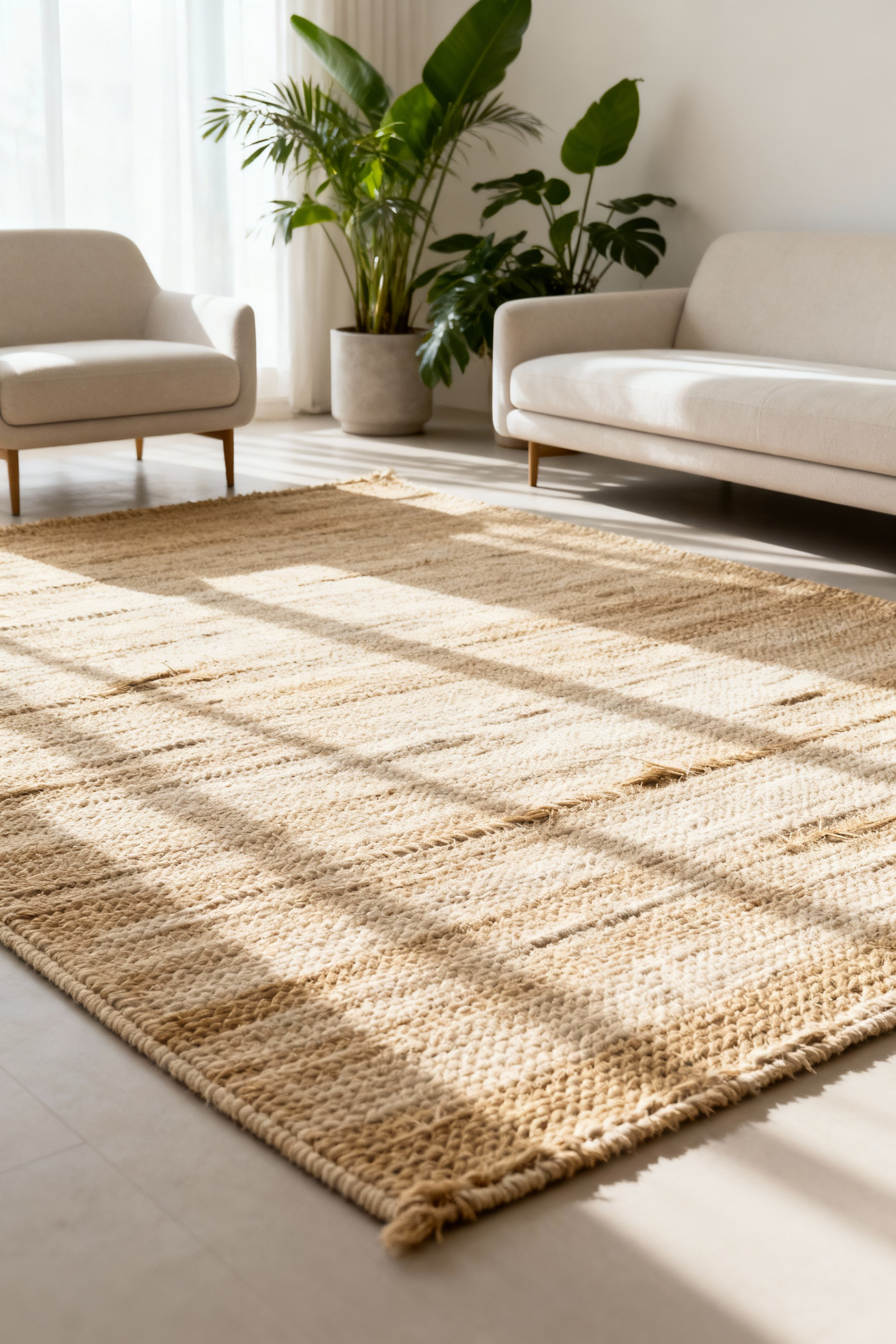 A minimalist living room featuring a beautifully textured hand-knotted undyed natural fiber rug, highlighting sustainable and ethical rug sourcing, bathed in soft natural light.