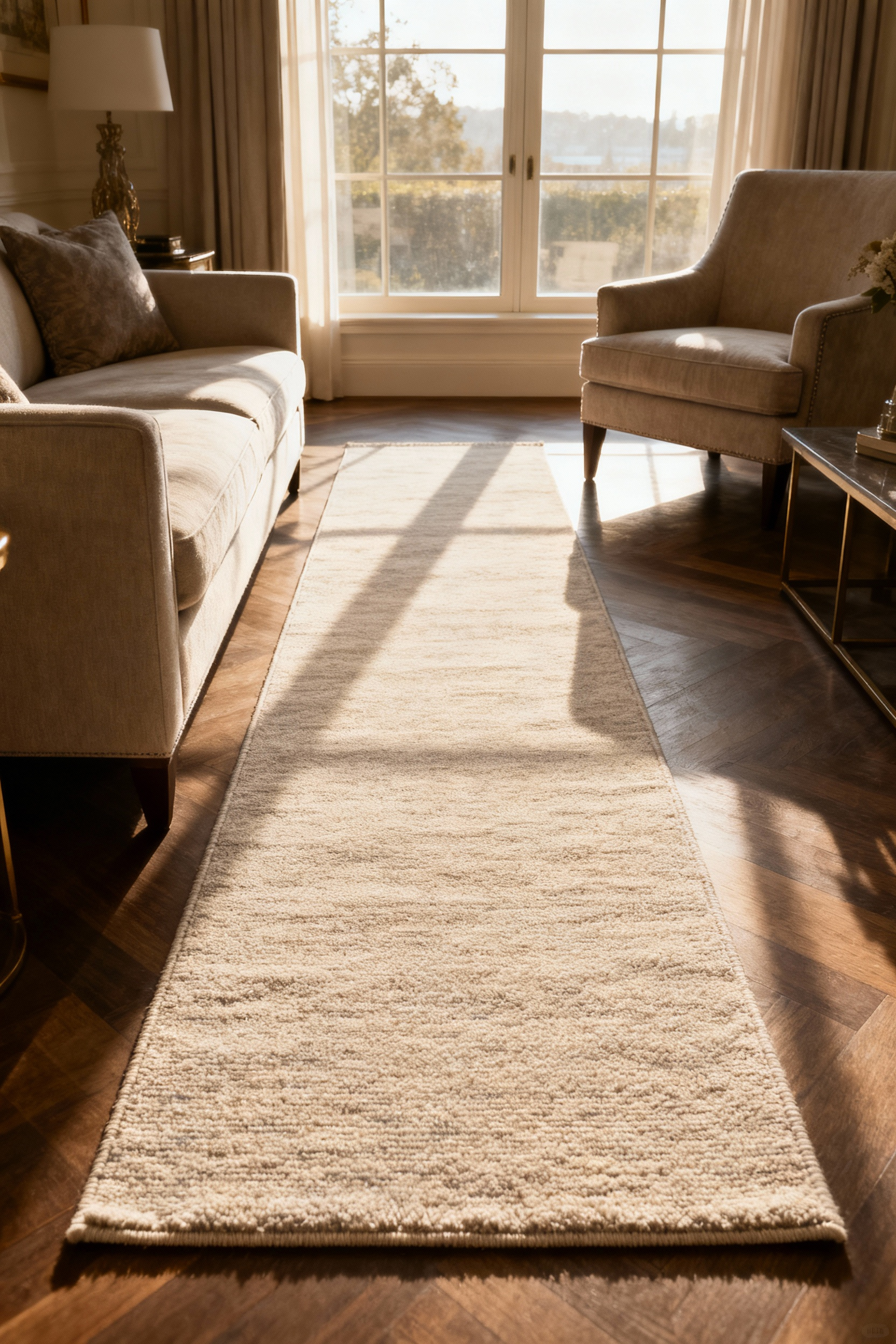 A close-up view of a resilient, low-pile area rug in a sophisticated living room, suitable for high-traffic areas.