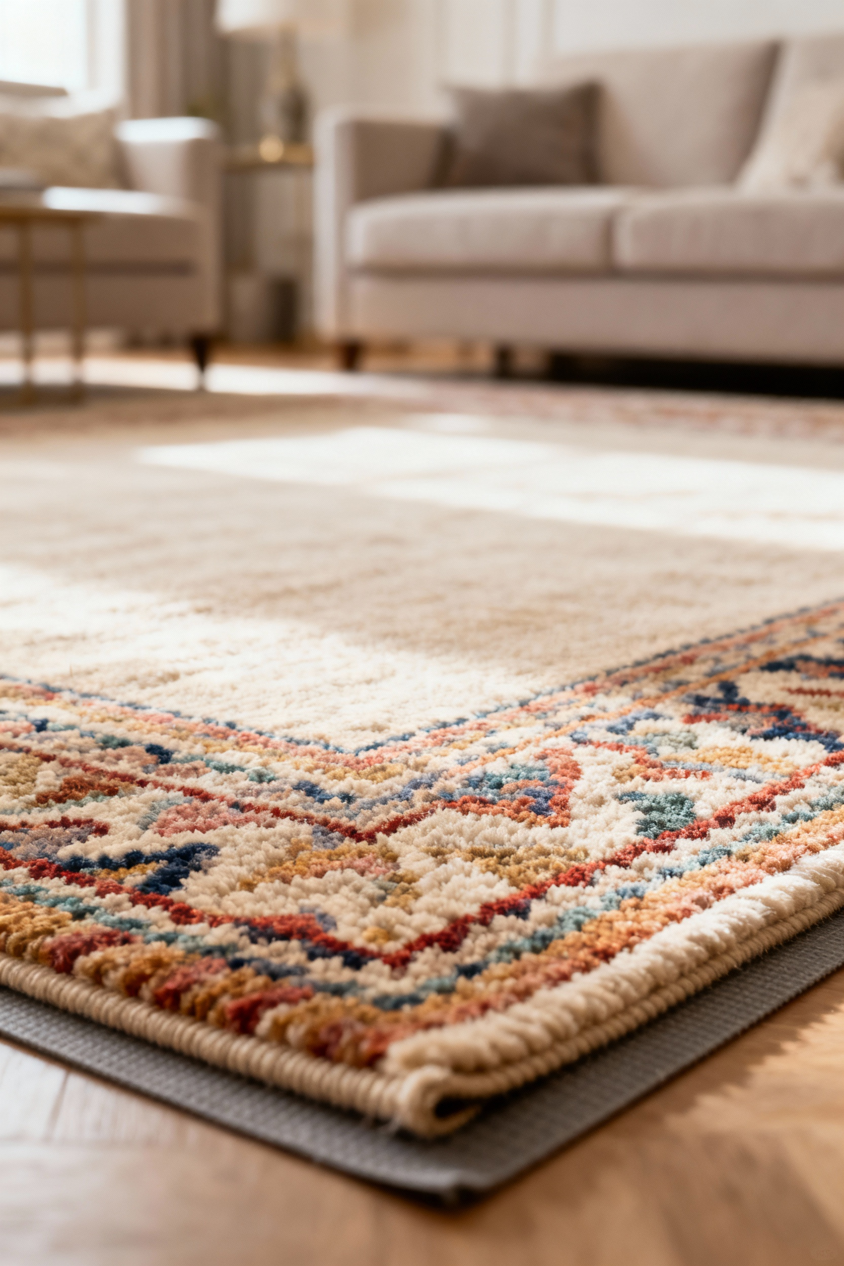 Vibrant, pristine living room rug, free from fading, shedding, or creases, demonstrating effective rug material care and longevity.