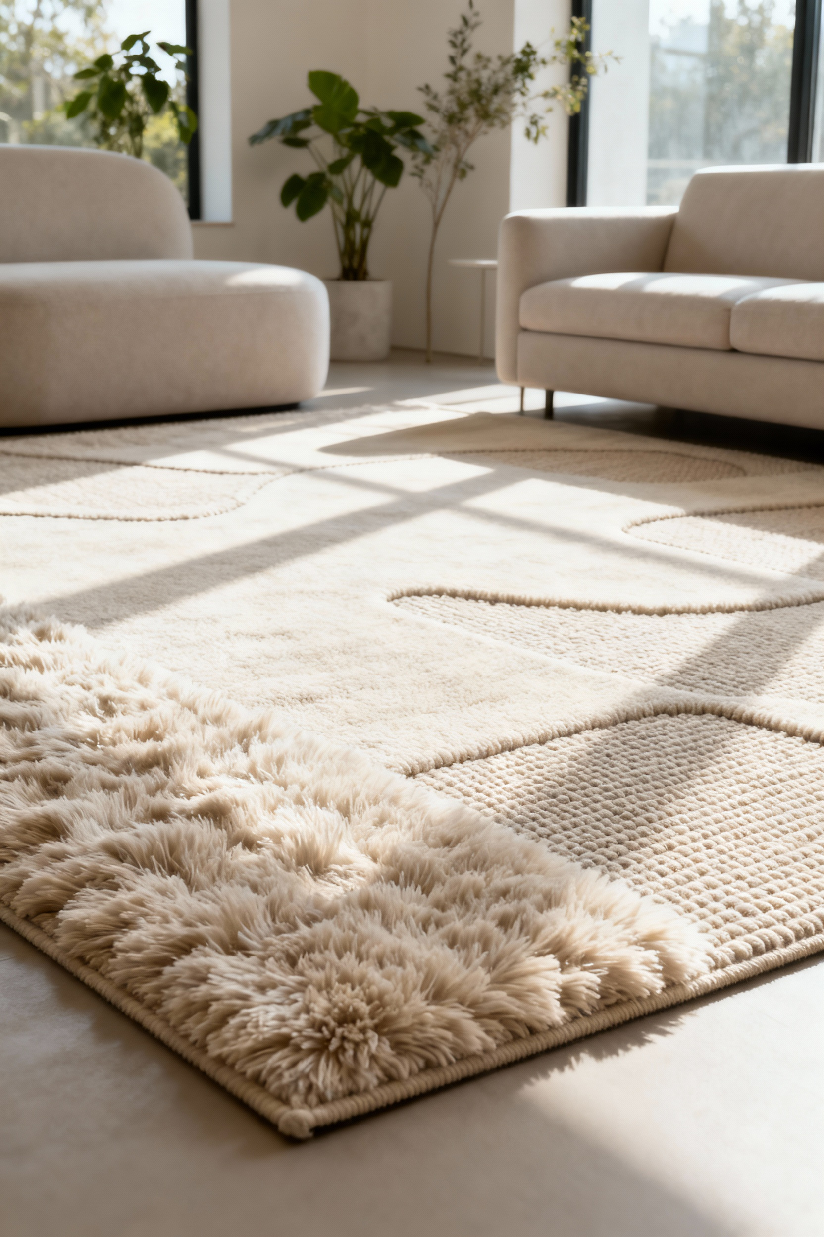 A stylish living room featuring an area rug with varied pile heights, showcasing sections of deep plush and low-loop textures to create visual depth and a luxurious feel. Neutral tones with subtle greenery.