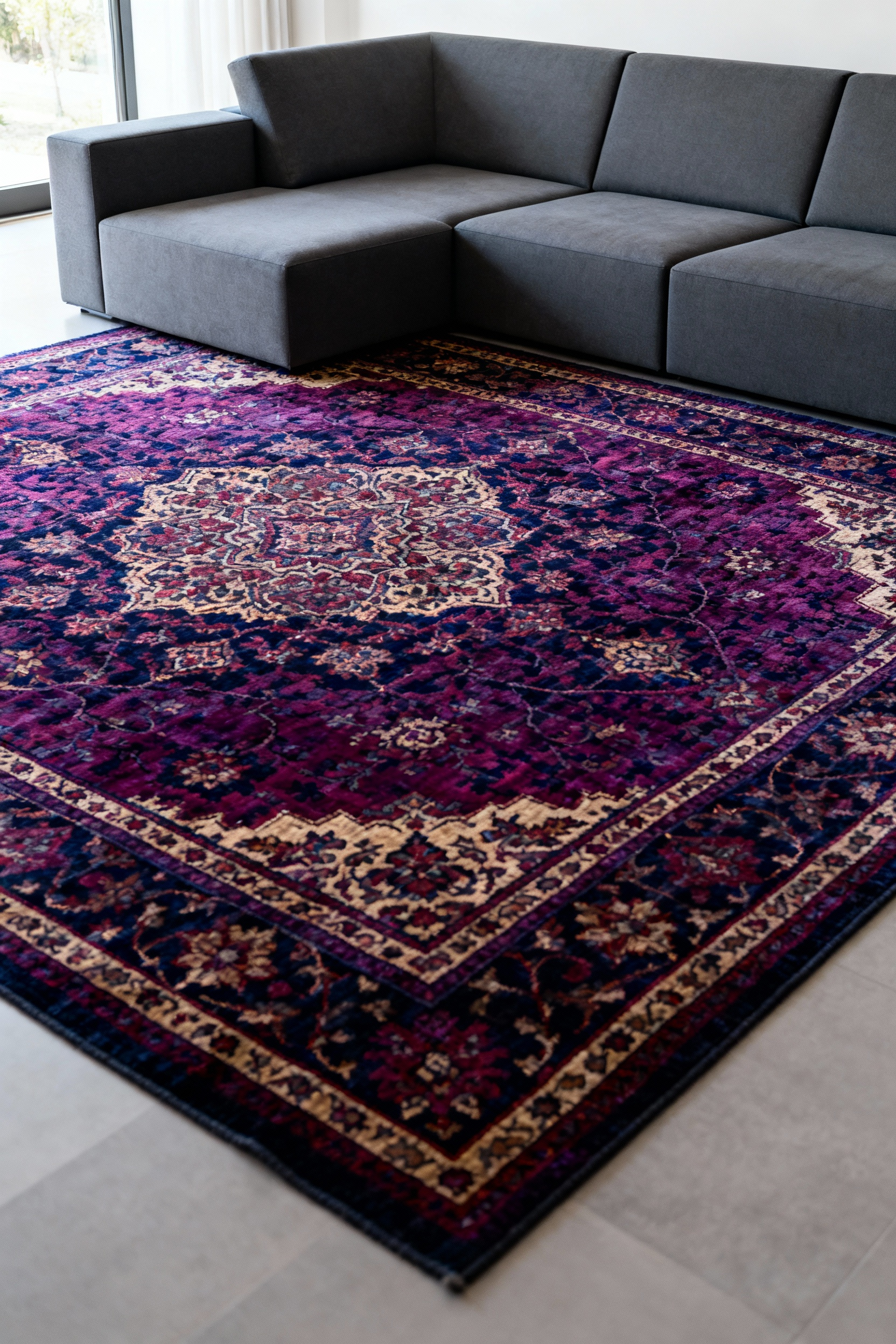 Elegant living room showcasing a charcoal grey minimalist modular sofa placed on an intricate, deep jewel-toned traditional Persian rug.