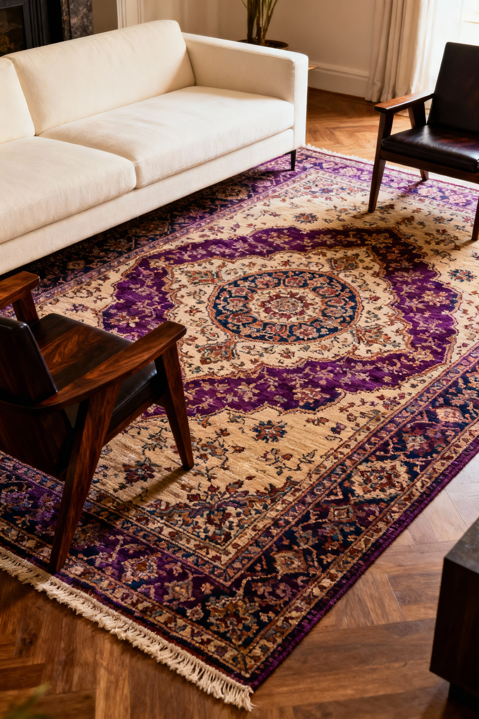 Luxurious living room featuring a large, intricately patterned hand-knotted Persian rug, anchoring a sophisticated seating area and enhancing the global aesthetic and cultural depth.