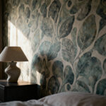 Elegant bedroom with bespoke wallpaper showcasing a unique personal aesthetic and nocturnal narrative through intricate patterns and luxurious textures, ambient lighting, no people.