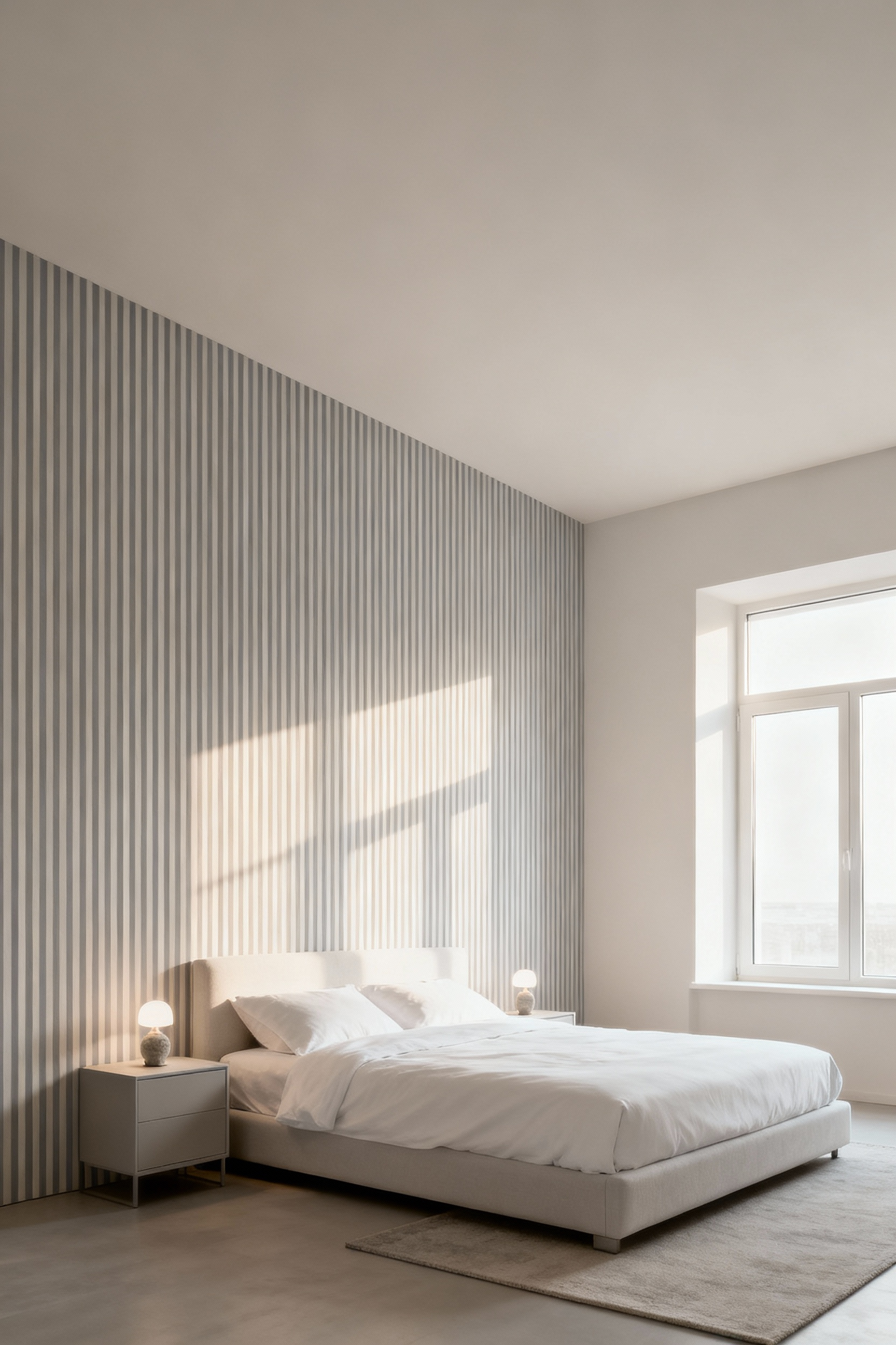 Bedroom with vertically striped wallpaper visually increasing ceiling height, showing modern decor, plush bed, and natural light. No people.