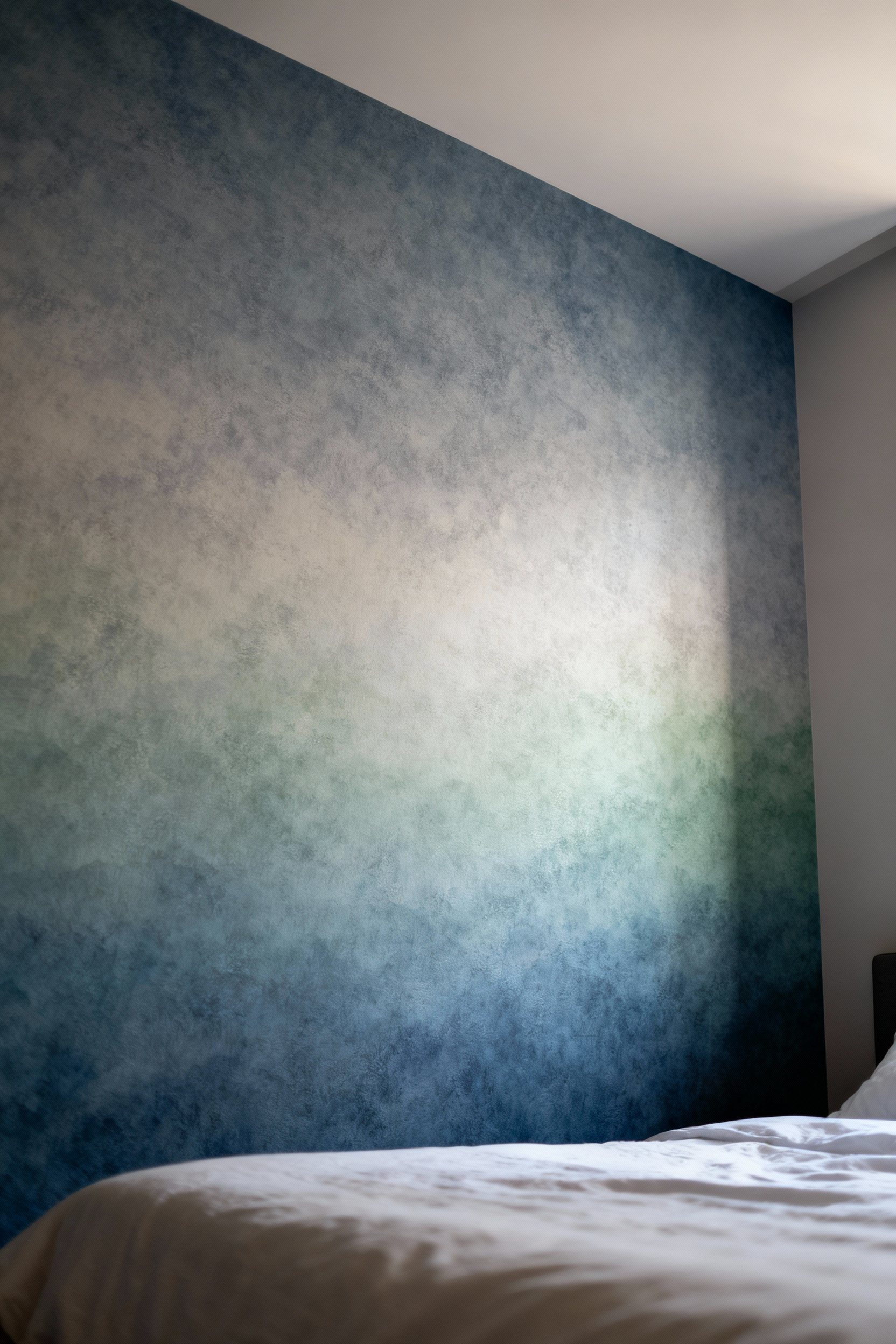 Elegant bedroom featuring a feature wall with wallpaper demonstrating expert color theory and tonal calibration for emotional resonance. Soft gradient of blues and grays creating a tranquil atmosphere, natural light highlighting the nuanced hues.