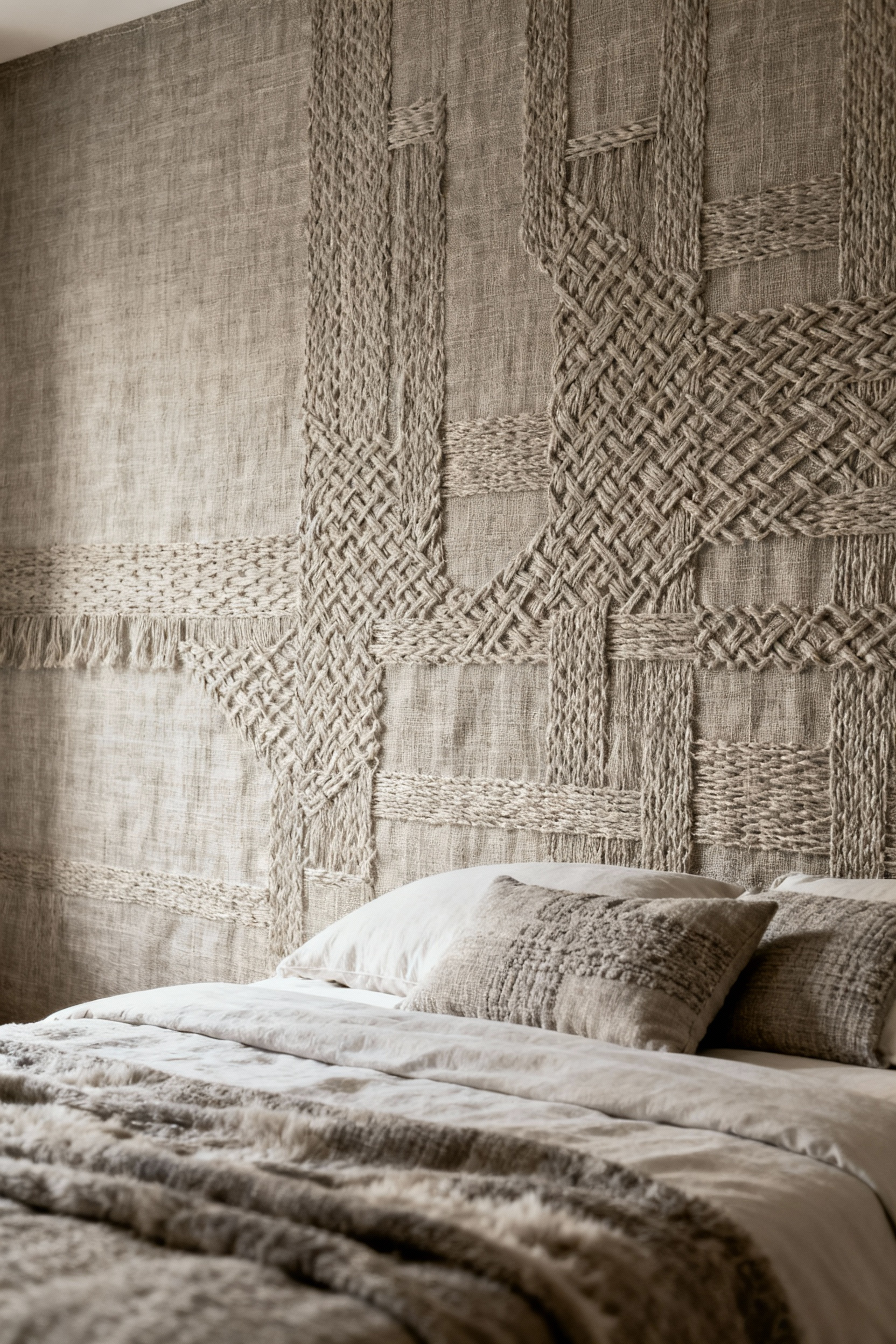 Luxurious bedroom with textured natural linen wallcoverings, creating a warm, deep ambiance with soft natural light.