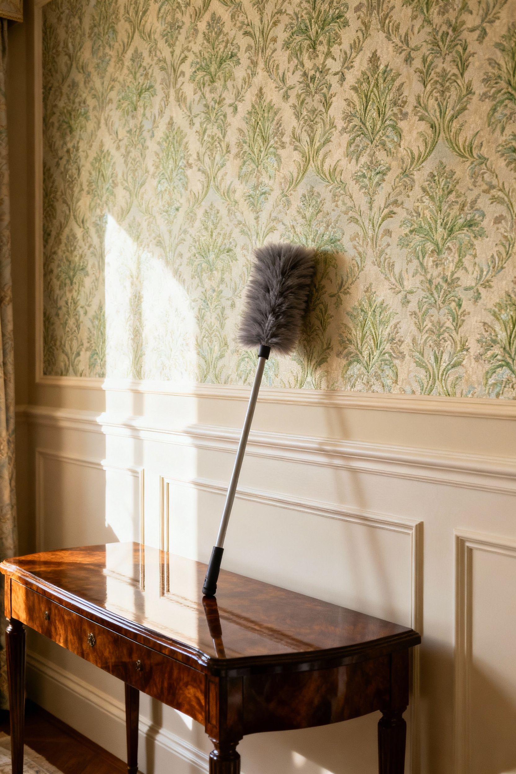 Luxurious bedroom interior with a perfectly maintained, vibrant wallcovering. Soft lighting illuminates elegant details, with a dusting tool on a console, suggesting meticulous wallcovering preservation.