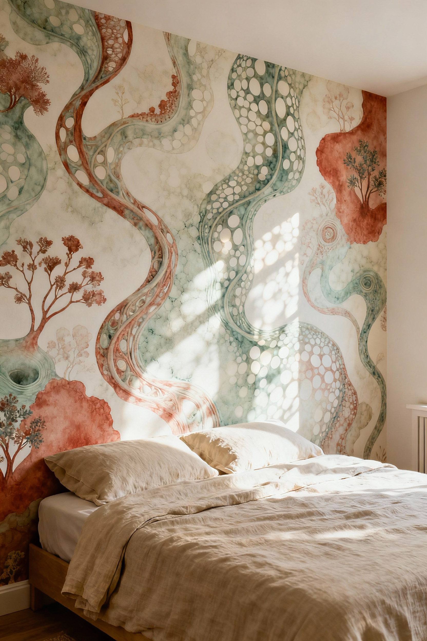 Bedroom with biomorphic patterned wallpaper in soft pastels behind a bed, illustrating nature-inspired design for tranquil spaces.