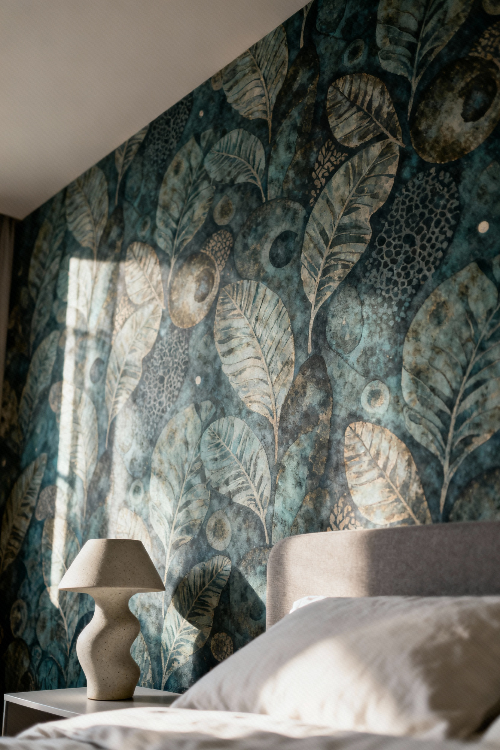 Elegant bedroom with bespoke wallpaper showcasing a unique personal aesthetic and nocturnal narrative through intricate patterns and luxurious textures, ambient lighting, no people.