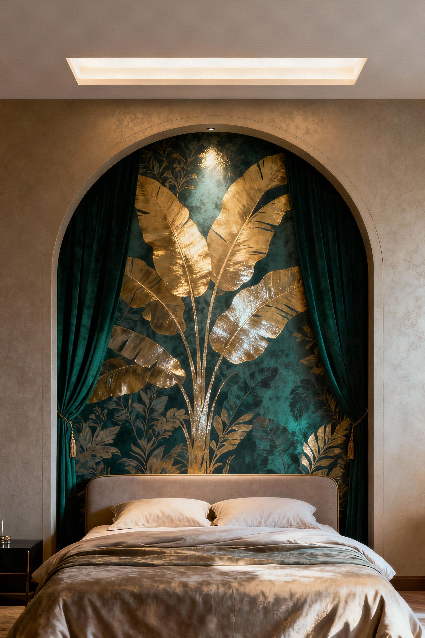 Elegant bedroom featuring a luxurious bed framed by a sophisticated statement feature wall showcasing the 'Proscenium Arch Effect.' The wall is adorned with a large-scale abstract botanical wallpaper in gold and emerald, enhanced by soft ambient lighting, creating a grand and curated aesthetic.