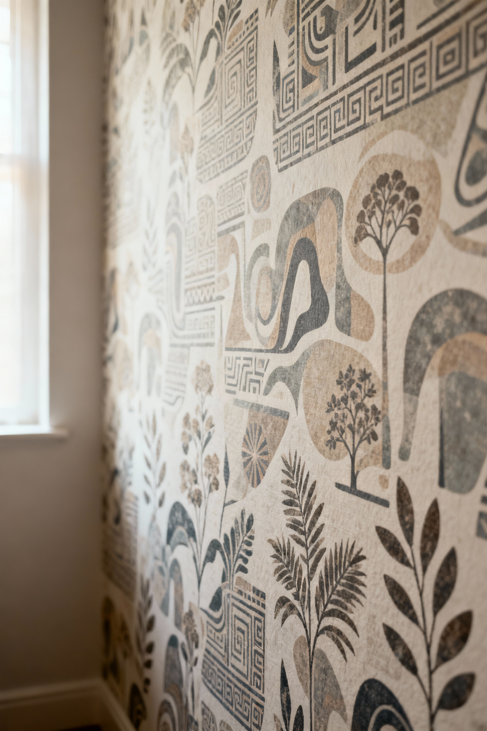 Bedroom wallpaper featuring intricate design combining cultural symbols and personal narrative for a sophisticated and meaningful aesthetic.