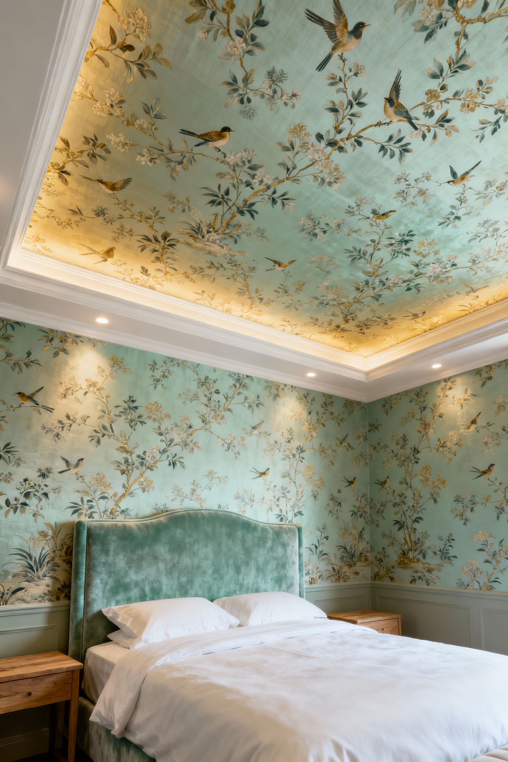 Luxurious bedroom with a detailed hand-painted chinoiserie silk wallpaper on the ceiling, featuring avian and botanical motifs in celadon and gold, complementing elegant furnishings.