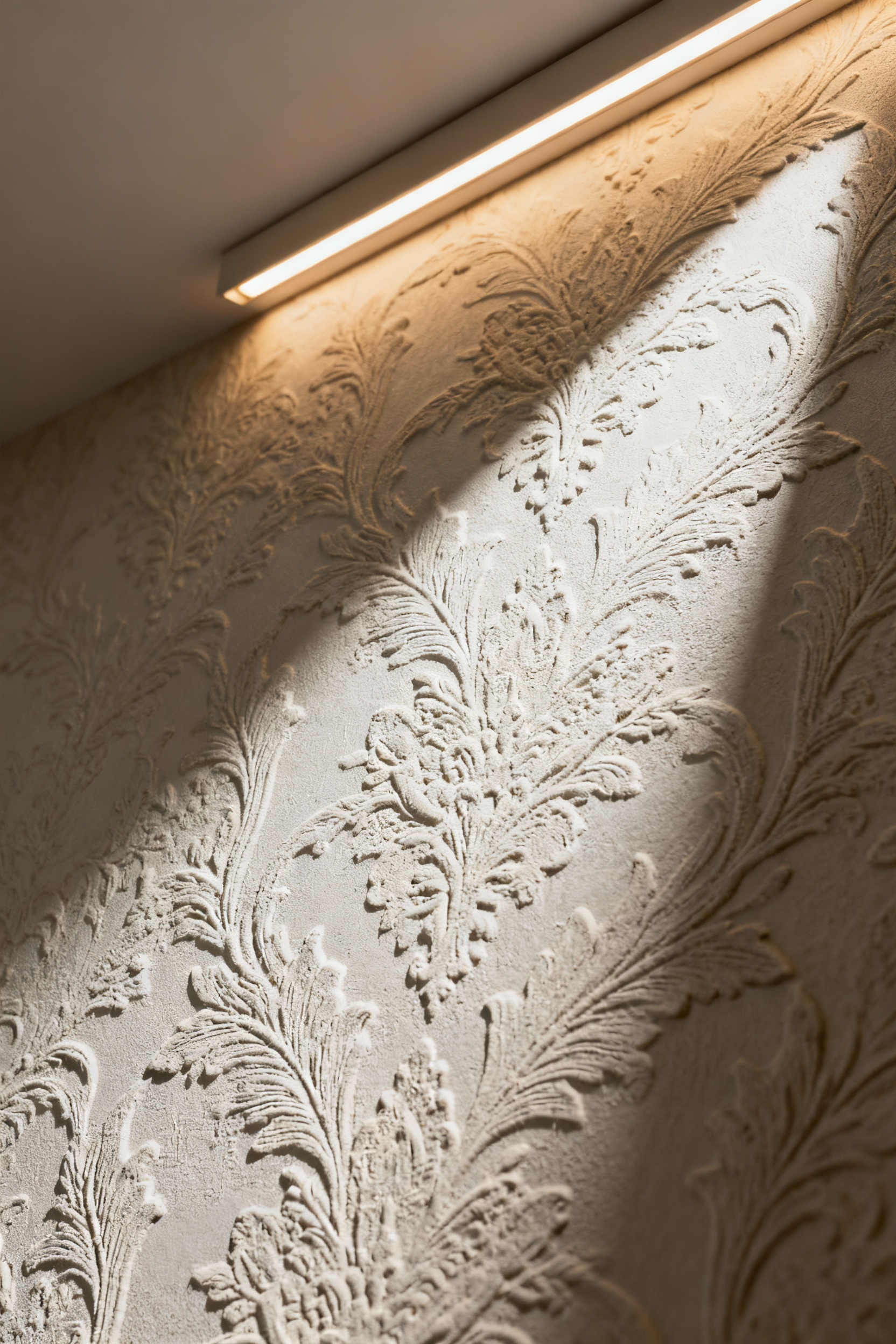 Elegant embossed wallpaper creating three-dimensional texture on a bedroom wall, highlighted by soft lighting, in a portrait orientation.