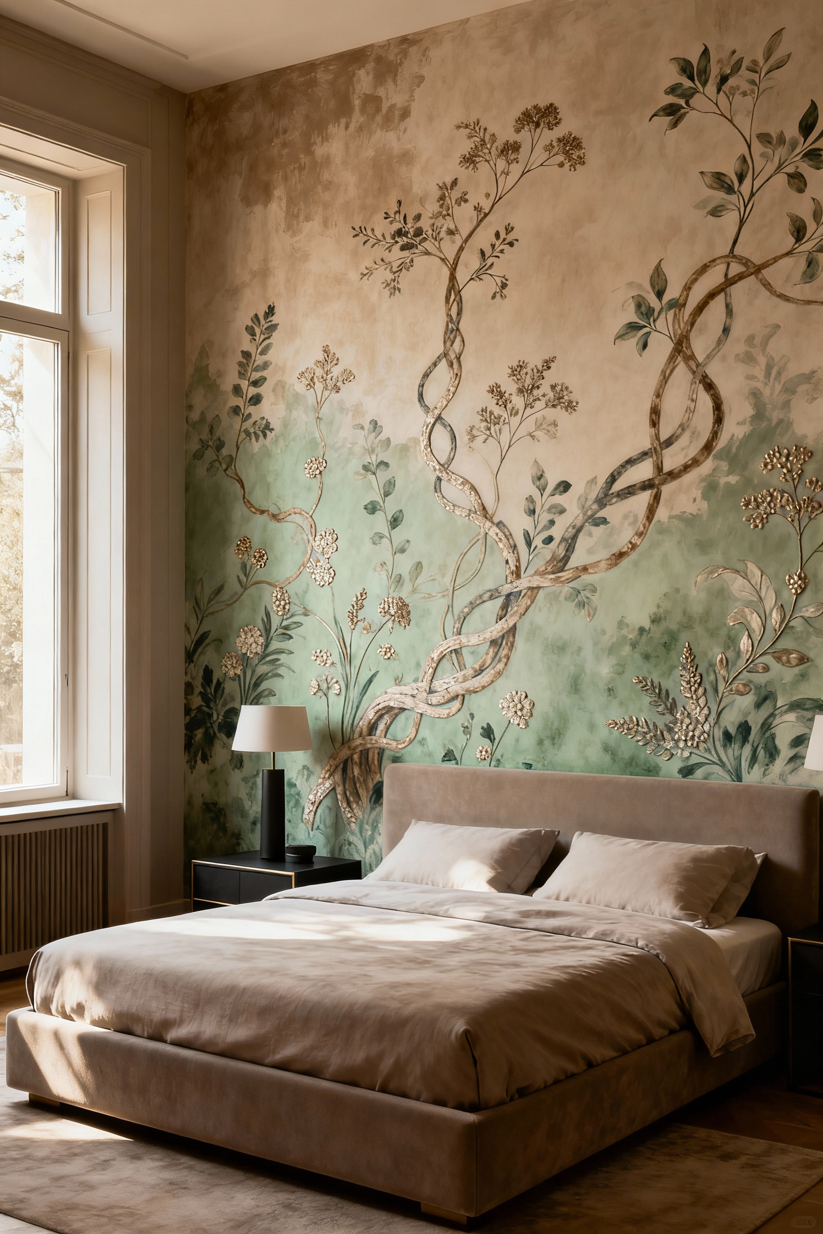 Luxurious bedroom interior with a bespoke hand-painted artisanal mural featuring intertwined botanical elements in a sepia and sage green palette, emphasizing personalized decor.