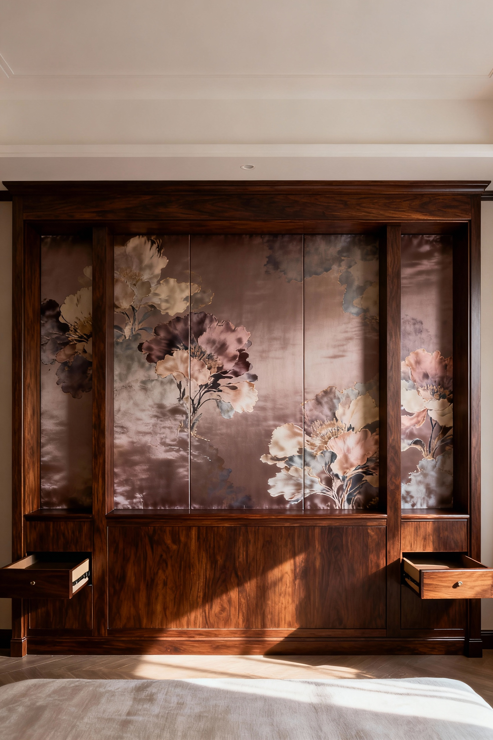 Luxury bedroom with elegant integrated bespoke millwork headboard featuring dramatic silk wallpaper panels, showcasing seamless transitions and sophisticated custom accents, no people.