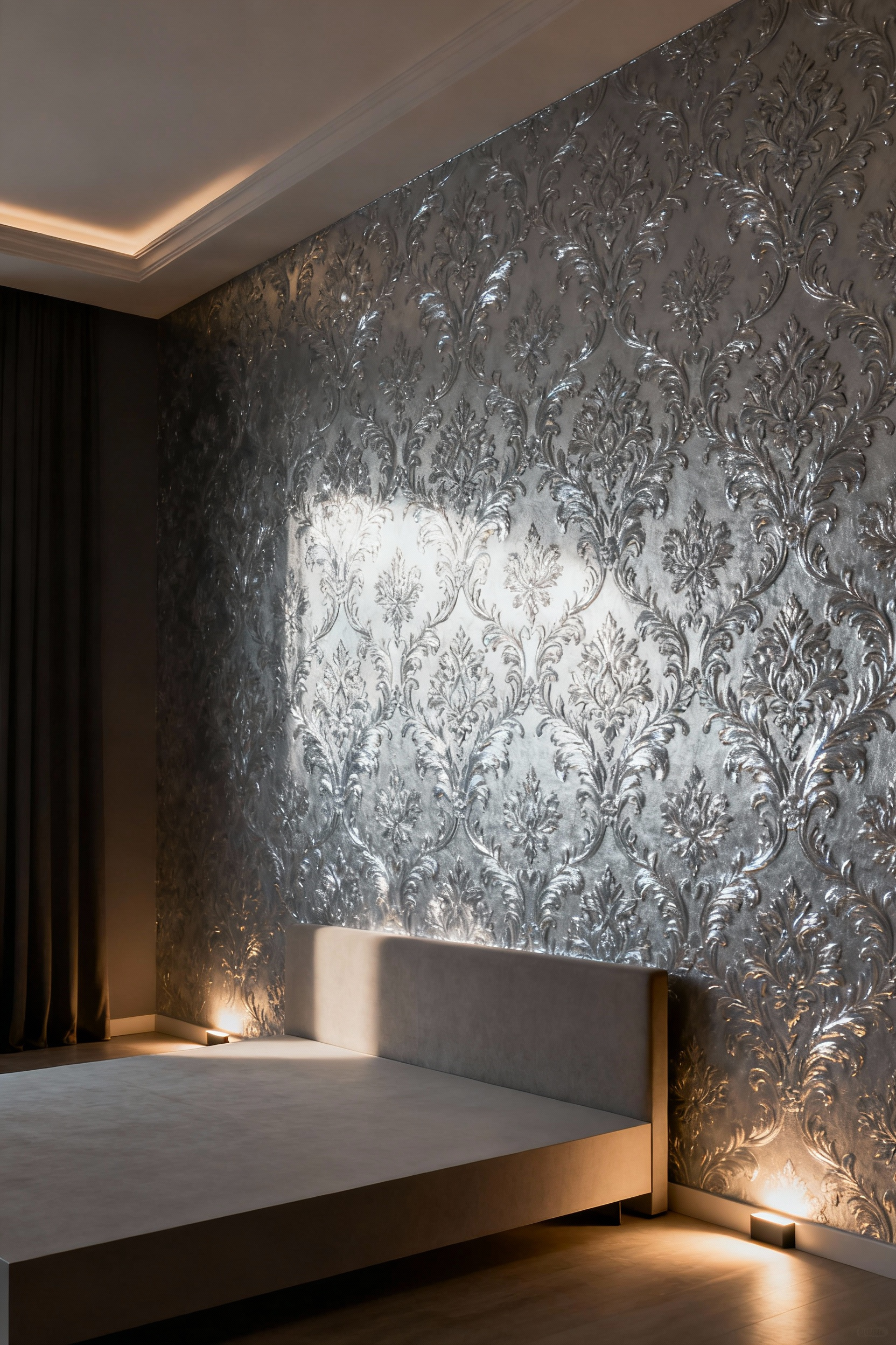 Bedroom feature wall with embossed damask wallpaper, dramatically lit by up-lighting that highlights its three-dimensional texture and metallic sheen, showcasing strategic lighting.