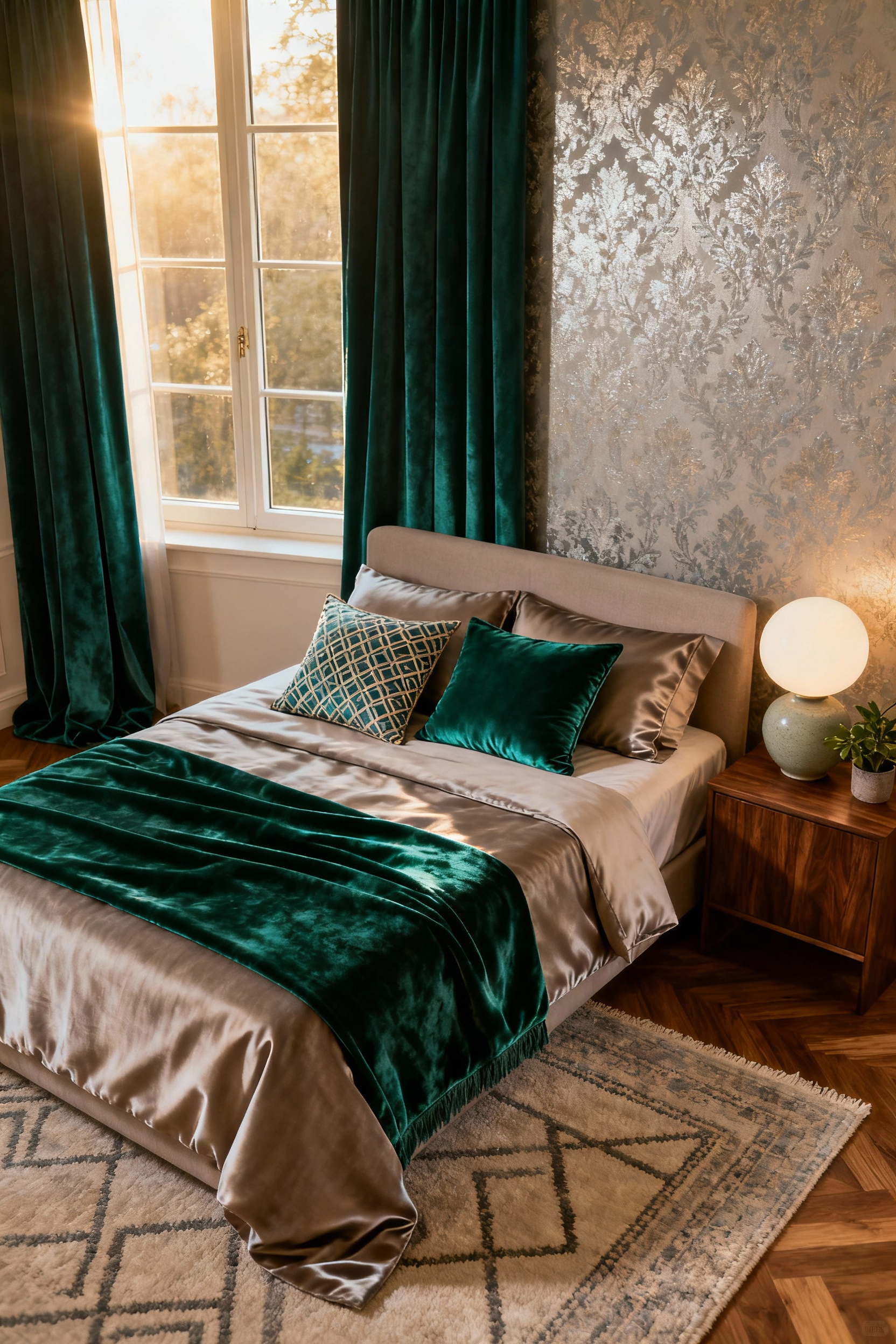 Bedroom with patterned wallpaper, emerald velvet throw, silk pillows, and plush rug showcasing harmonized soft furnishings and textural layers for a luxurious aesthetic.