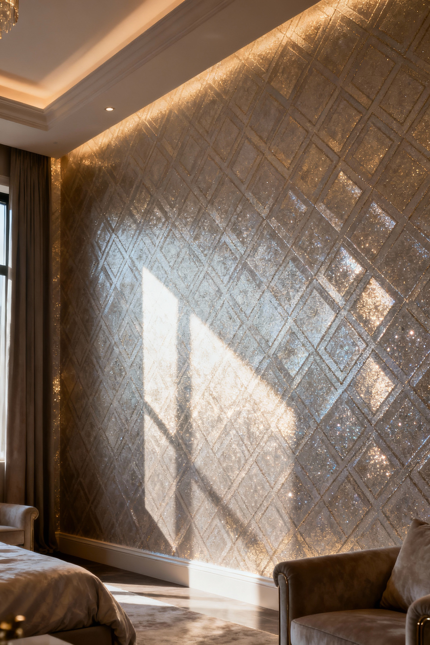 Opulent bedroom accent wall with gleaming metallic and mica infused wallpaper, reflecting soft light and adding luxurious depth to the space.