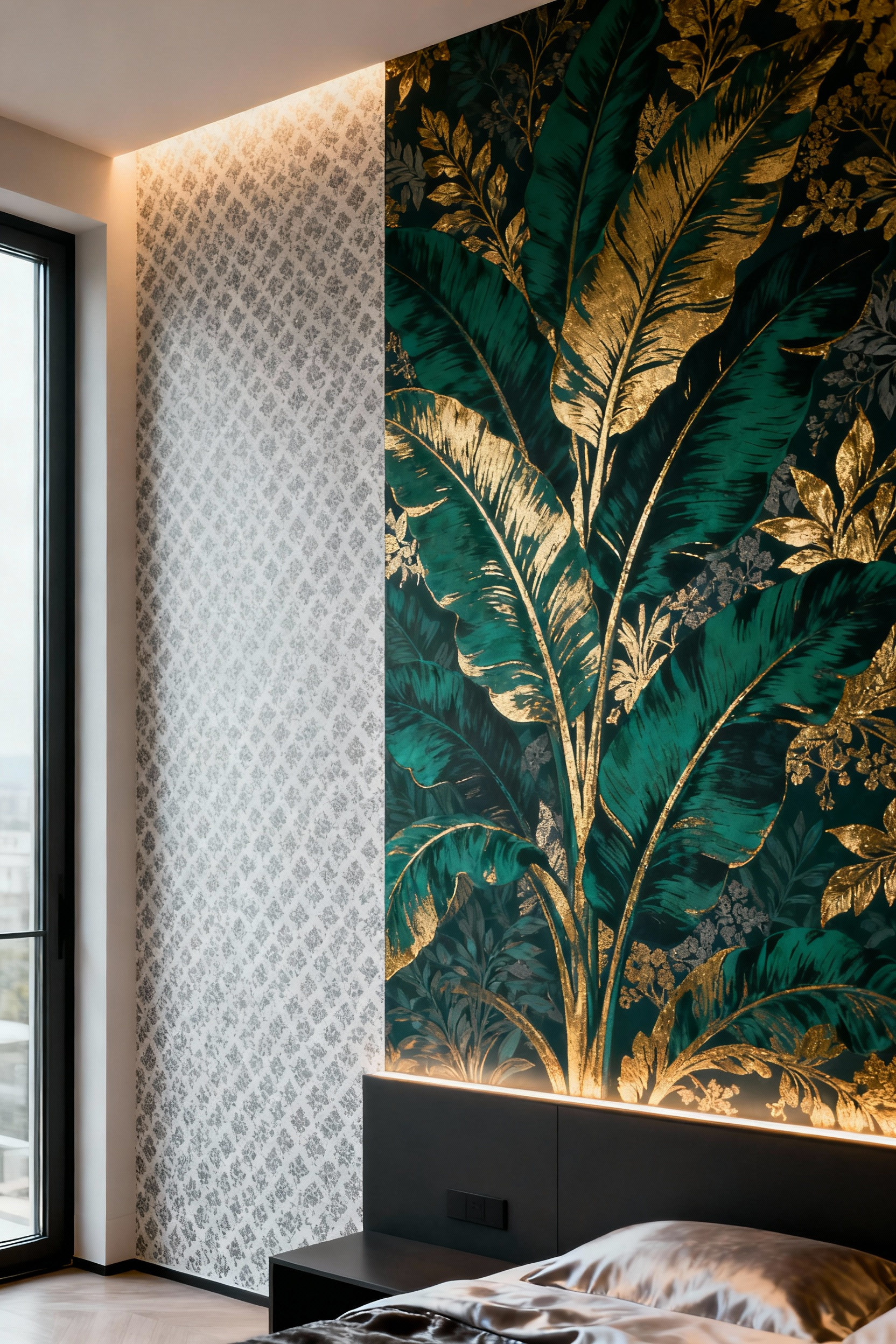 Bedroom feature wall showcasing contrasting large-scale botanical and delicate small-scale geometric wallpaper motifs, illustrating visual dominance and subtlety in interior design.