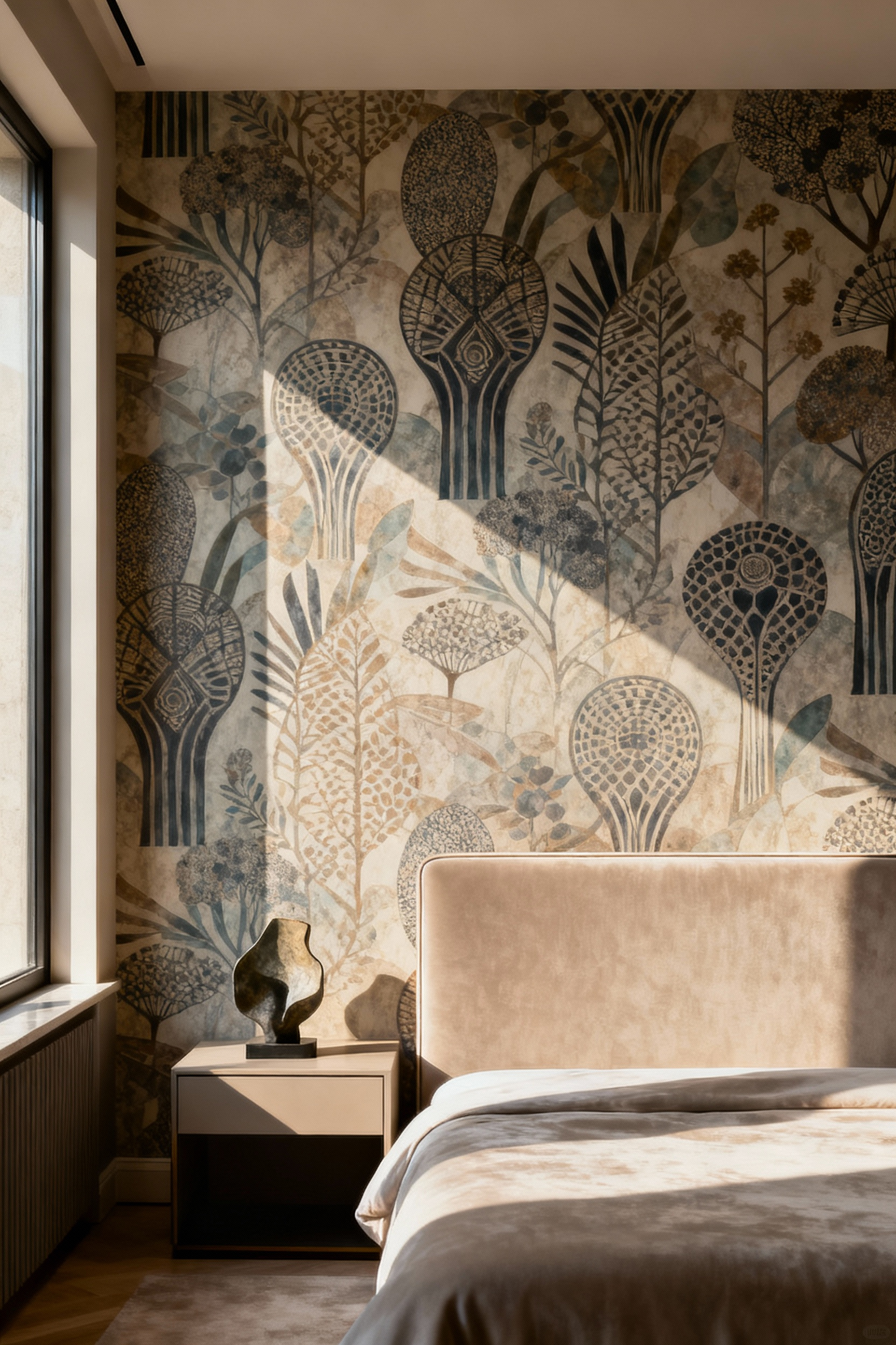 Elegant bedroom wall featuring bespoke, custom-designed wallpaper with abstract patterns reflecting personal identity and narrative, complementing minimalist furniture under soft natural light.