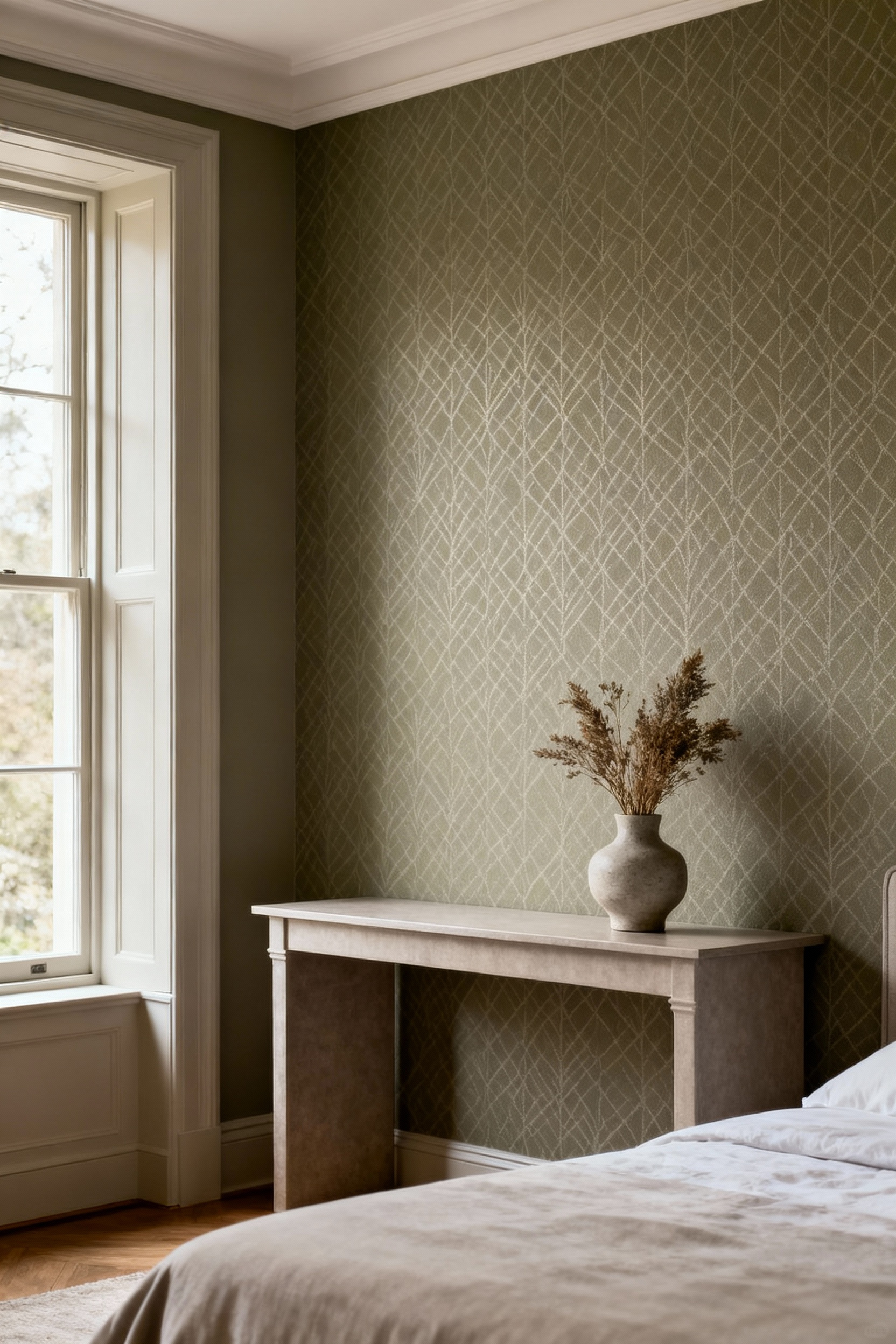 A bedroom featuring an elegant, subtly textured wallpaper in a serene neutral tone, embodying a timeless aesthetic and sophisticated adaptability. The room showcases sophisticated design for a resilient reverie.