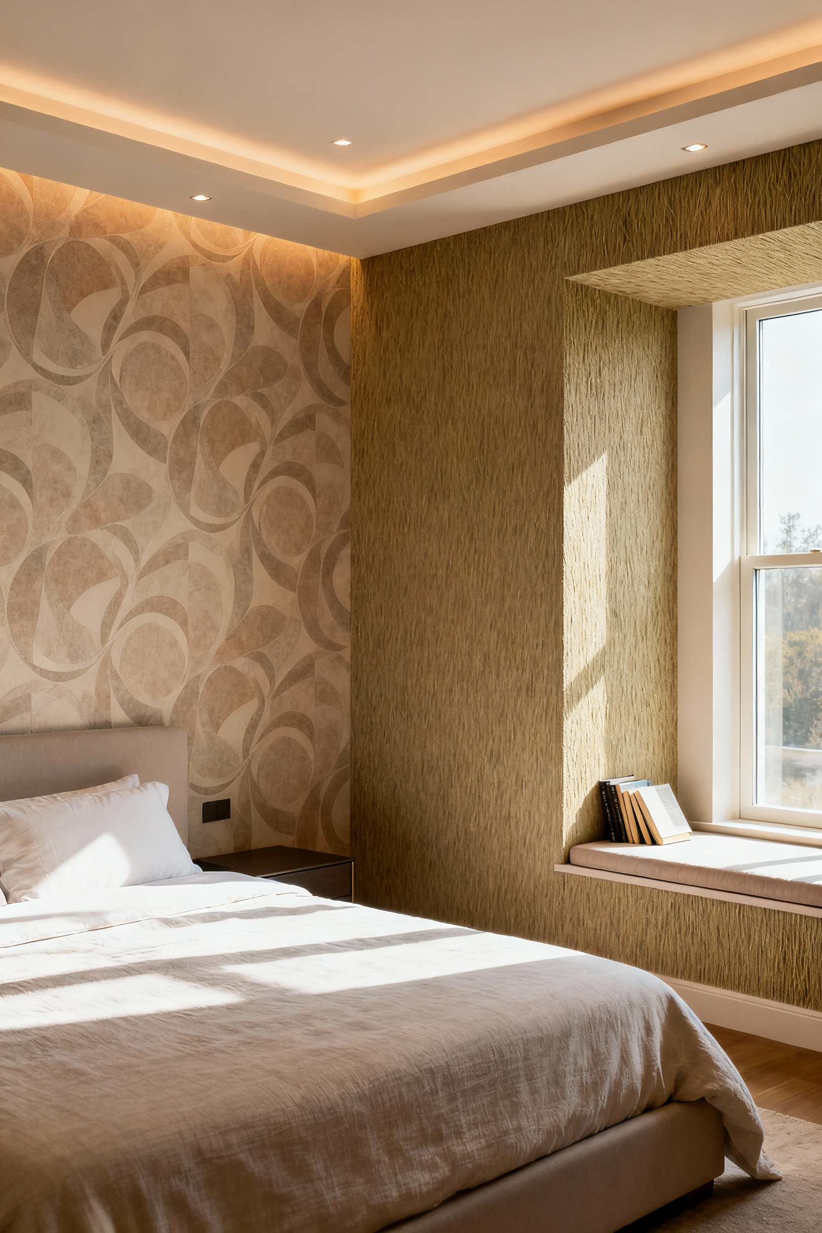 Luxurious master bedroom showing distinct functional zones defined by elegant wallpaper: a patterned feature wall behind the bed and tactile grasscloth in a reading nook, with soft ambient lighting.