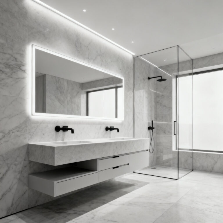 Luxurious small bathroom featuring a 'less but better' design. Shows seamless marble, a floating vanity, and a large backlit mirror enhancing visual space and tranquility.