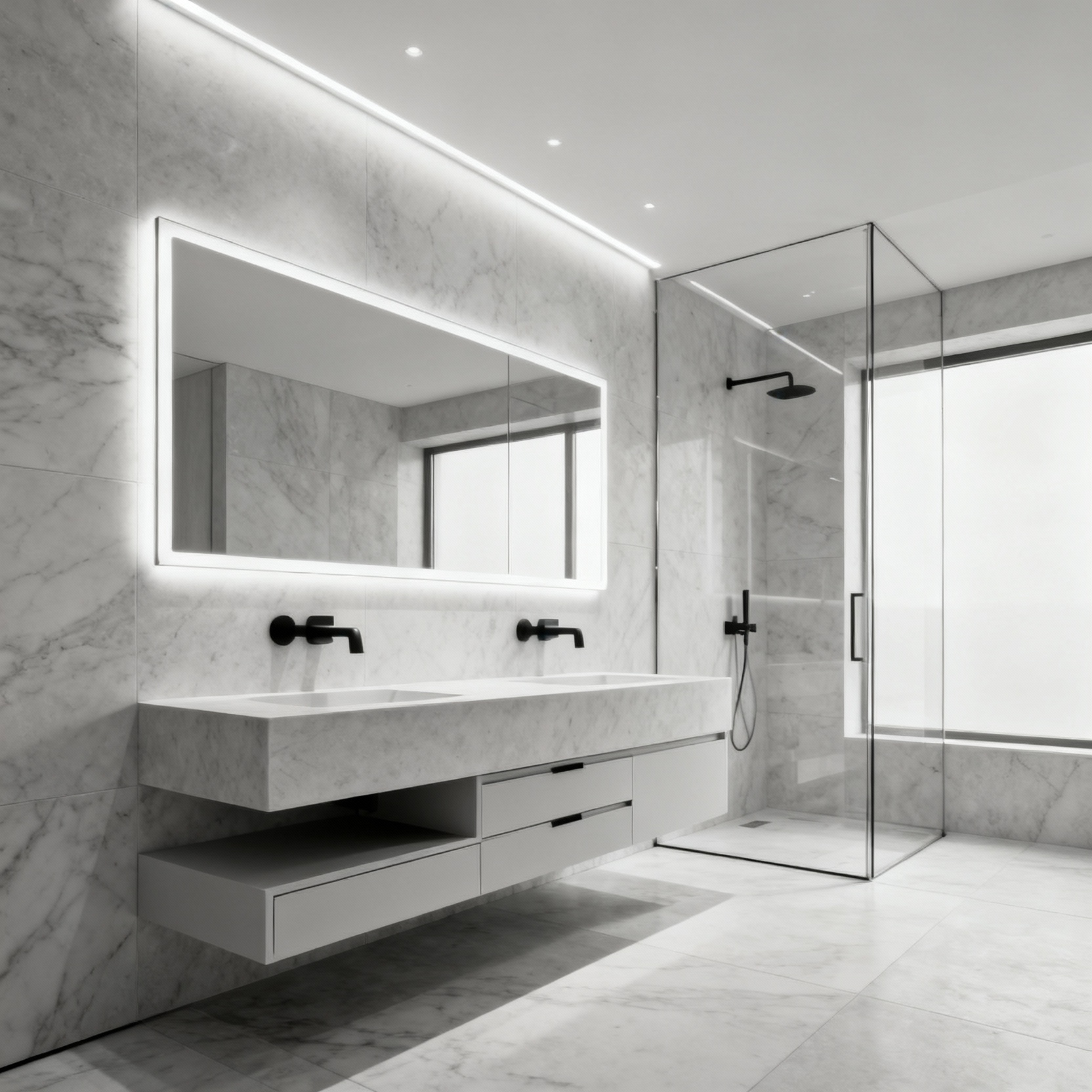 Luxurious small bathroom featuring a 'less but better' design. Shows seamless marble, a floating vanity, and a large backlit mirror enhancing visual space and tranquility.
