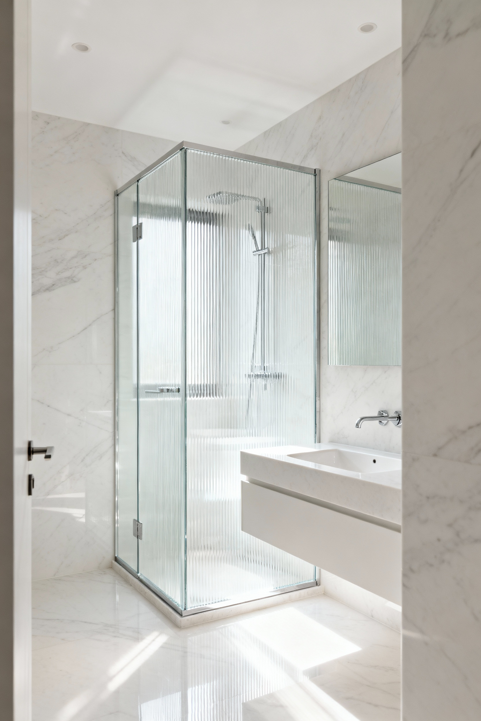 Luxurious small bathroom featuring a fluted glass shower partition, white marble walls, natural light, and modern minimalist fixtures. The partition creates an open, visually flowing space.