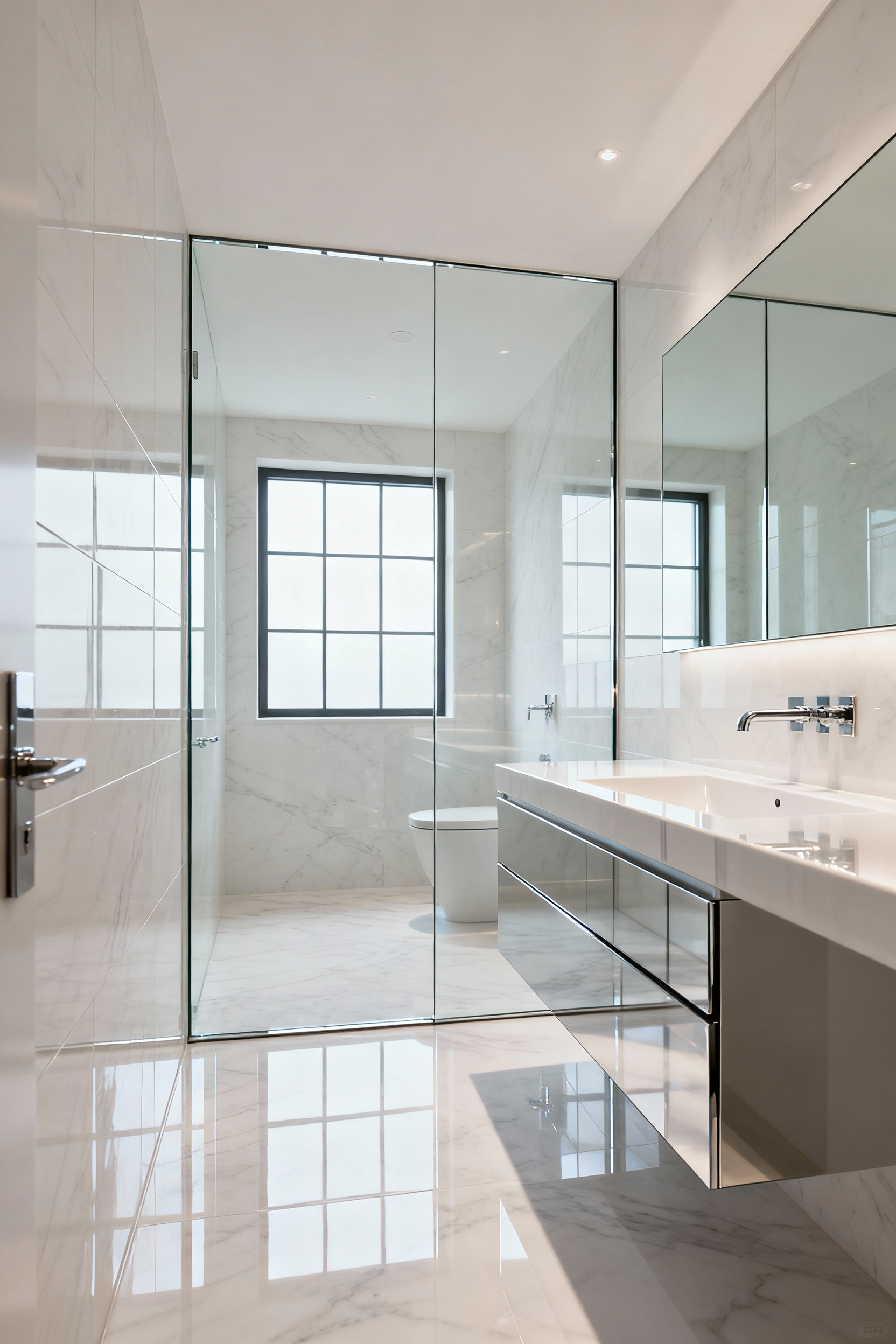 Luxurious small bathroom design with a floor-to-ceiling frameless mirror reflecting natural light and window views, creating an illusion of expanded space.