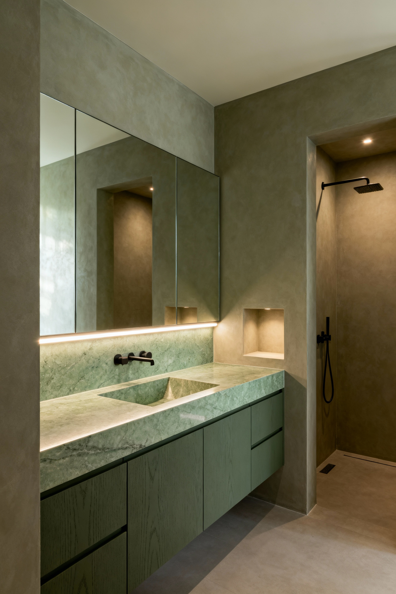Interior view of a small luxury bathroom designed with a refined tonal palette of muted sage and warm grey. Features matte plaster walls, honed marble vanity, lacquered wood cabinetry, and integrated lighting for cohesive tranquility and perceived spaciousness.