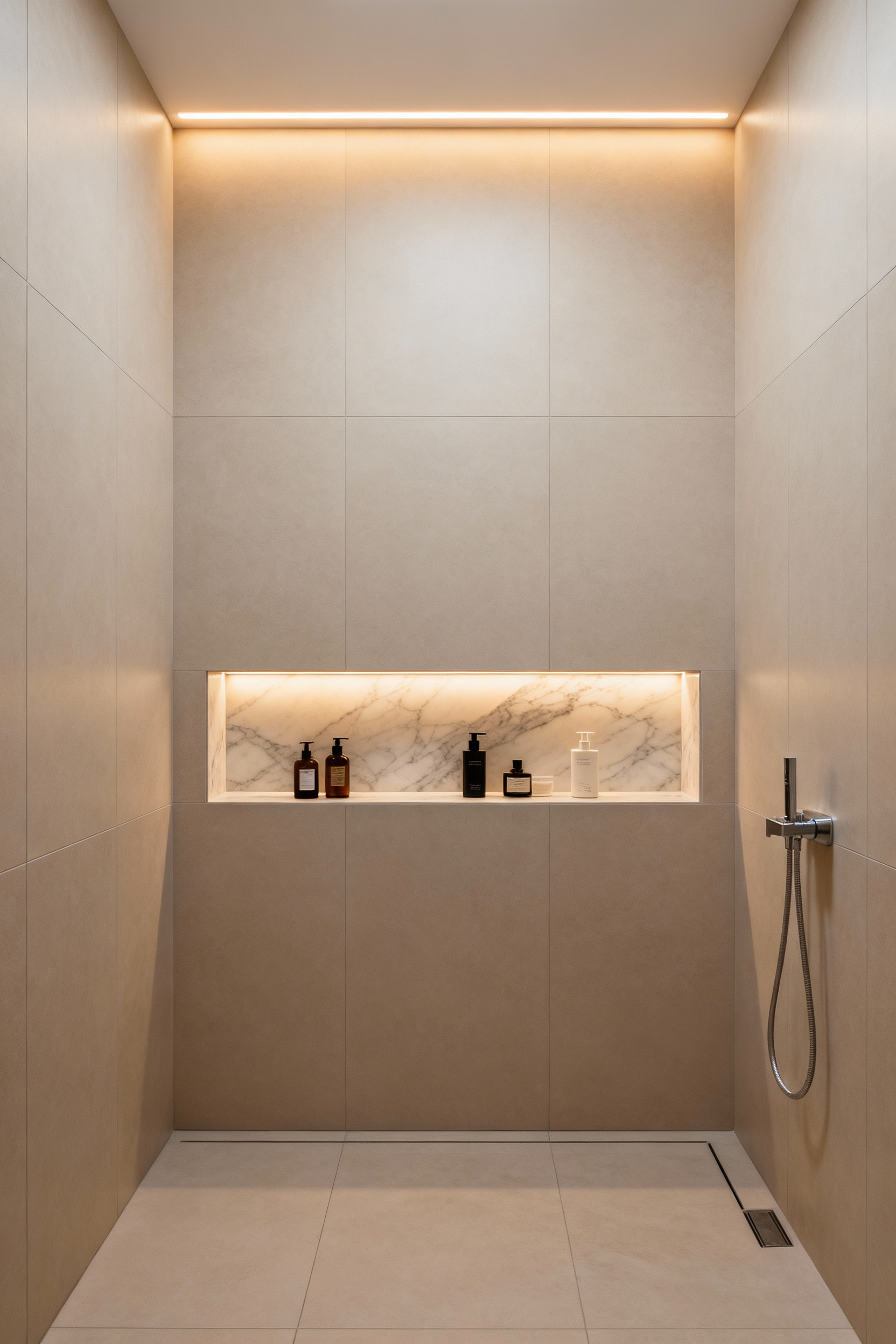 Close-up of a sleek, built-in recessed shower niche within a luxury bathroom, lined with polished stone and featuring subtle LED lighting, holding high-end bath products.
