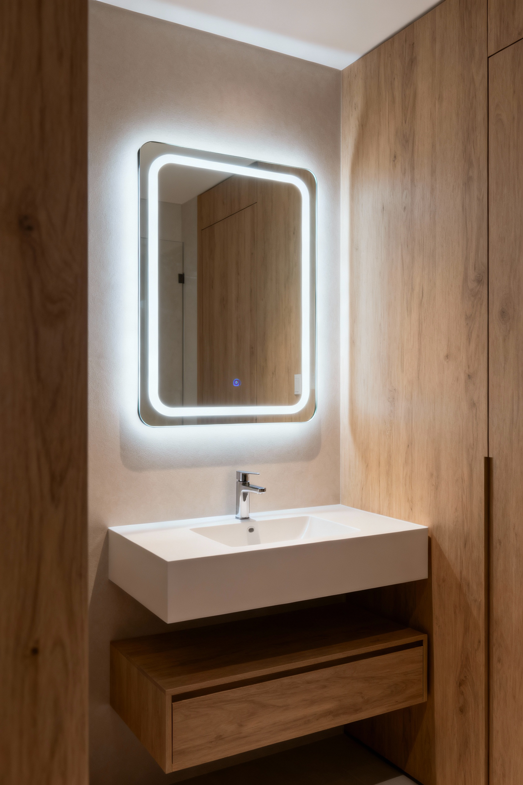 Modern small bathroom featuring a sleek, frameless intelligent mirror with integrated task and warm ambient LED lighting, reflecting a minimalist vanity and high-end finishes, demonstrating a luxurious and uncluttered aesthetic.