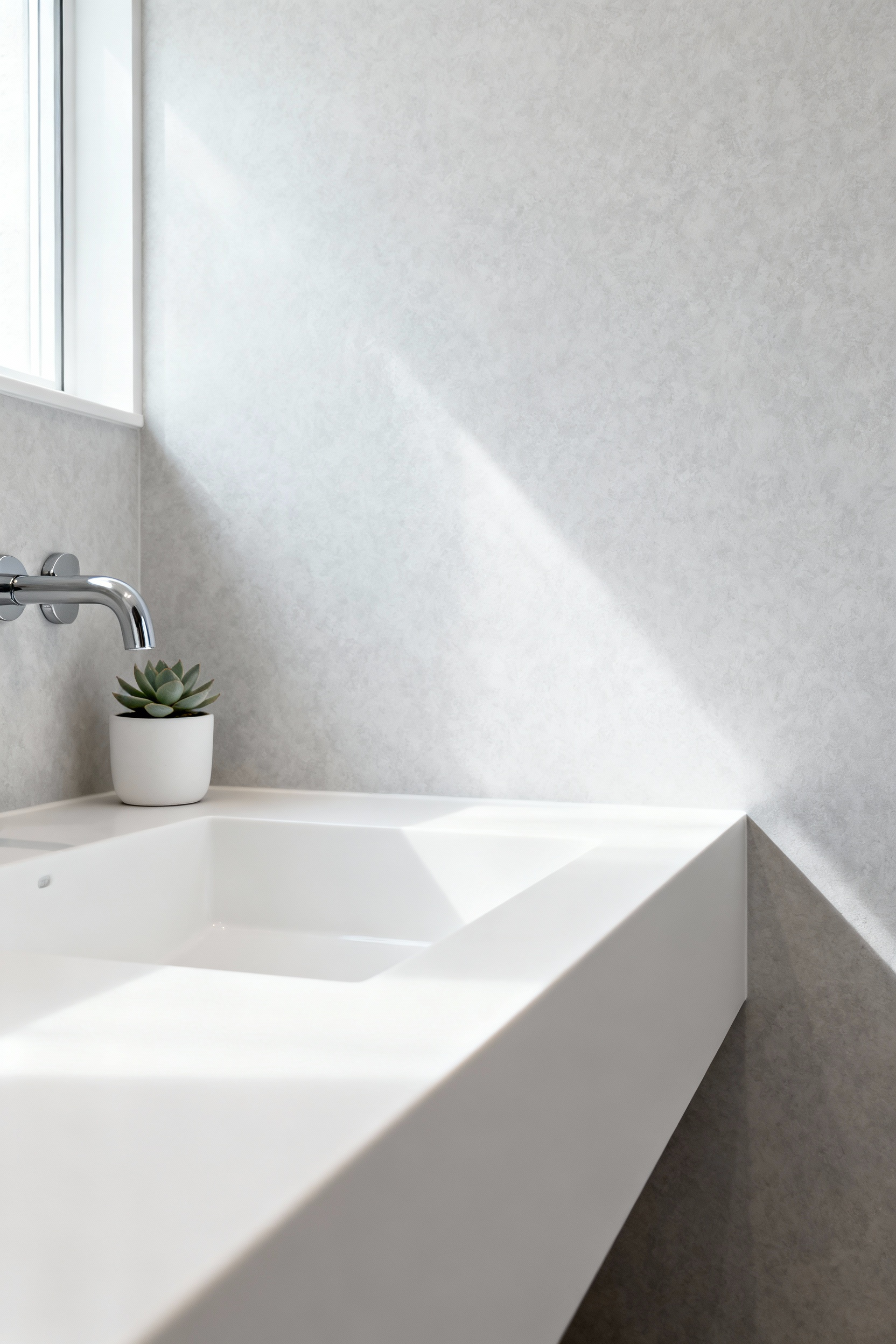 Elegant integrated solid surface vanity counter in a small, modern bathroom, featuring a seamless sink and clean lines for a minimalist aesthetic, enhancing perceived space.