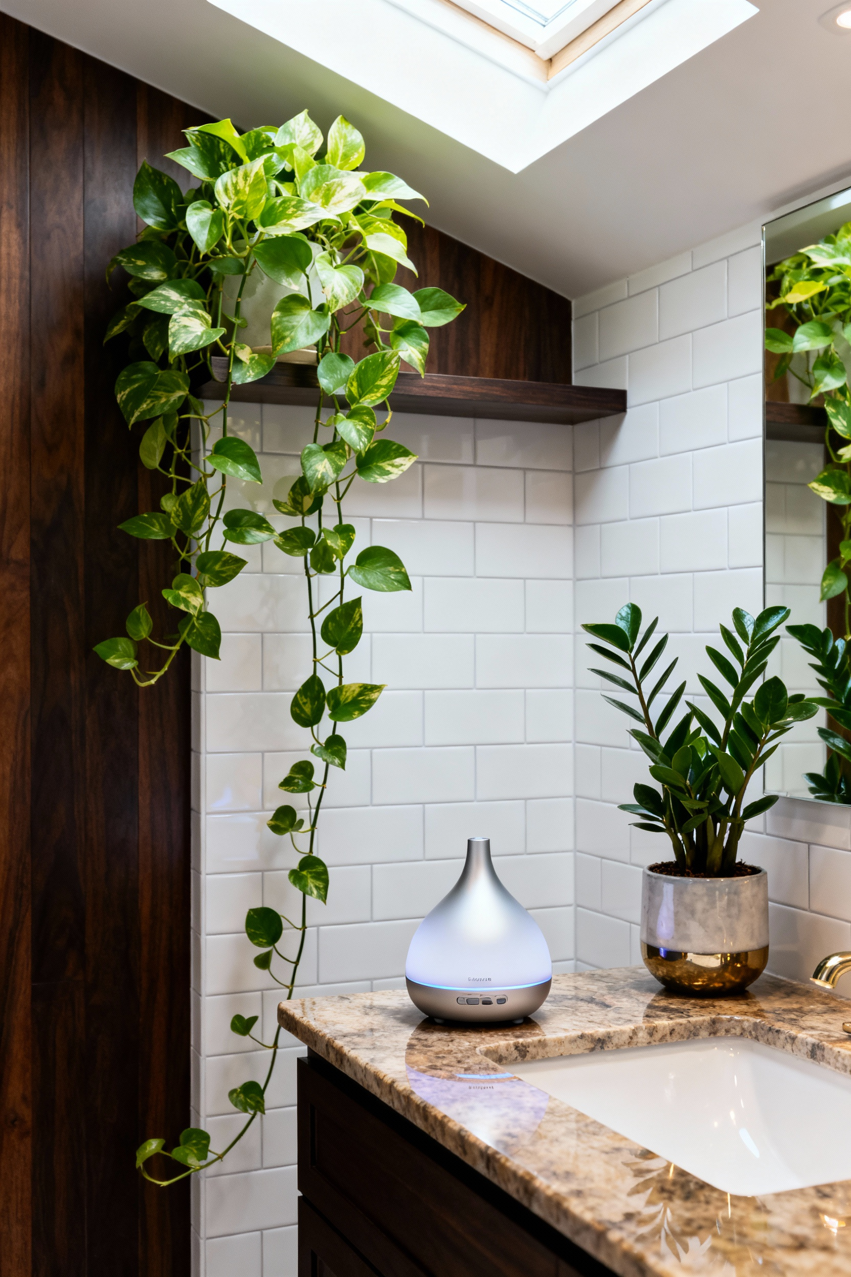 Luxurious small bathroom featuring a sleek essential oil diffuser, a trailing Pothos plant, and a ZZ plant, creating a spa-like aromatic and biophilic ambiance. Minimalist design with natural light.