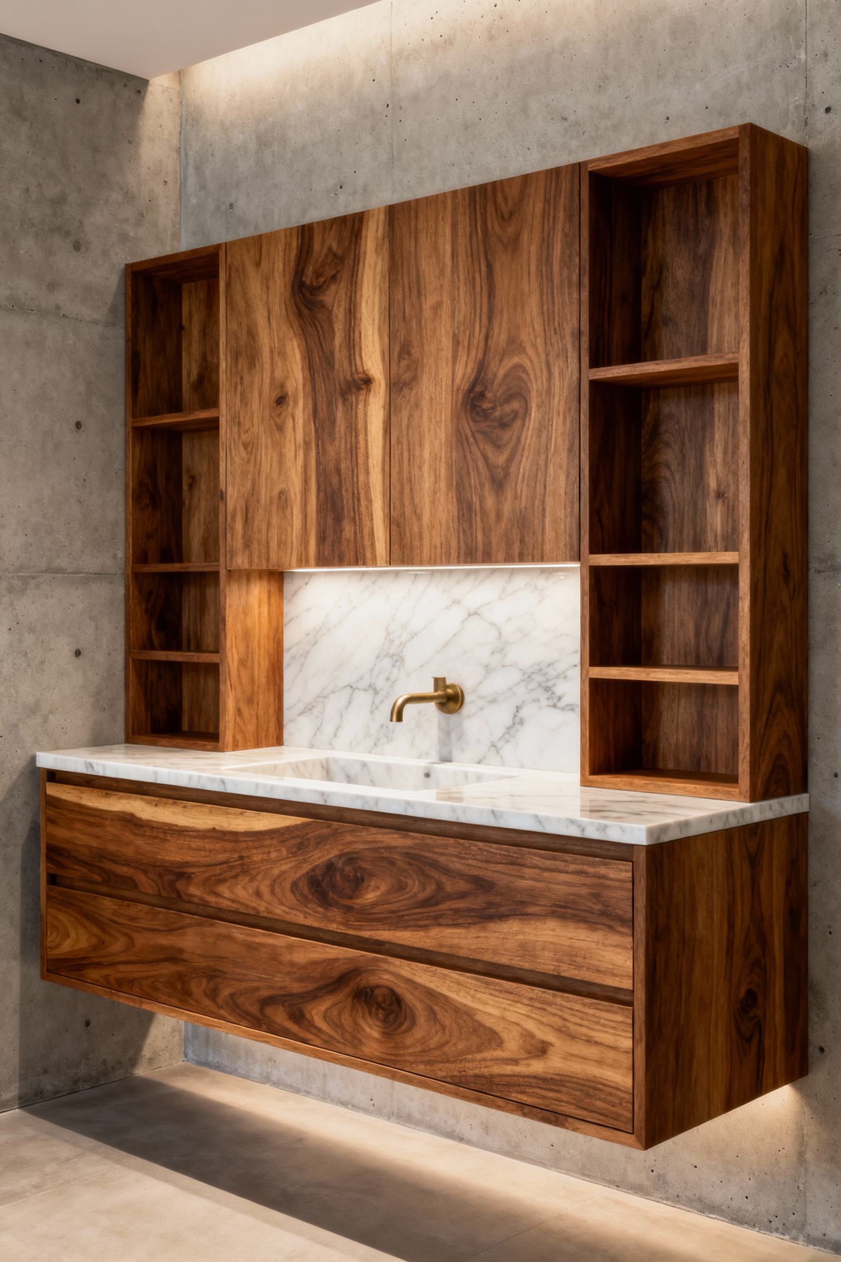 Small bathroom with warm timber accents, floating teak vanity, and marble countertop, creating organic resonance and a grounded, luxurious feel.