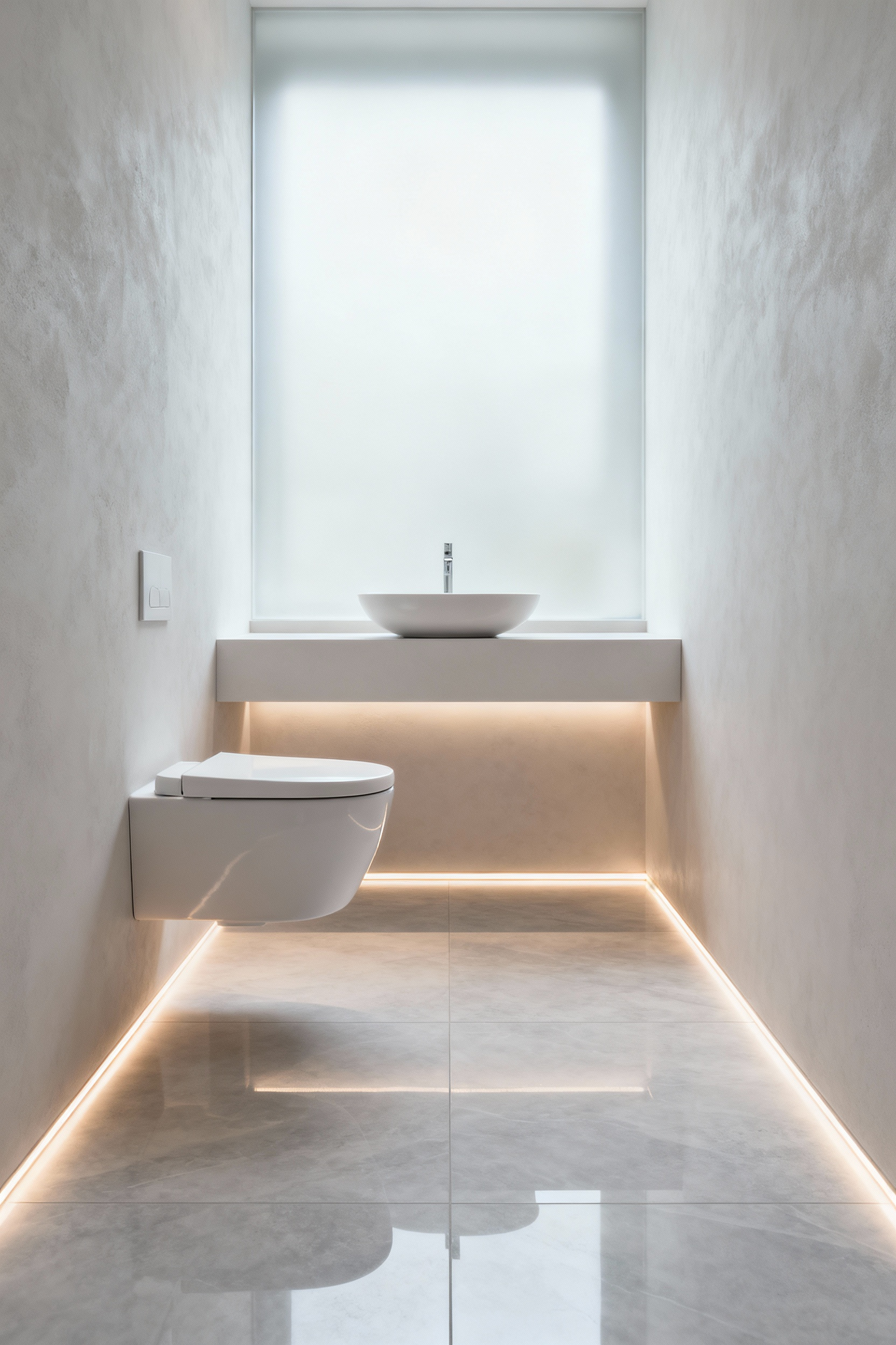 A pristine, modern small bathroom in portrait orientation, featuring a floating white wall-hung toilet and a minimalist wall-hung vanity with a smooth basin. The unbroken light-toned floor extends seamlessly underneath, enhancing visual spaciousness and hygiene. Soft ambient lighting highlights the clean lines and elegant, spa-like design.