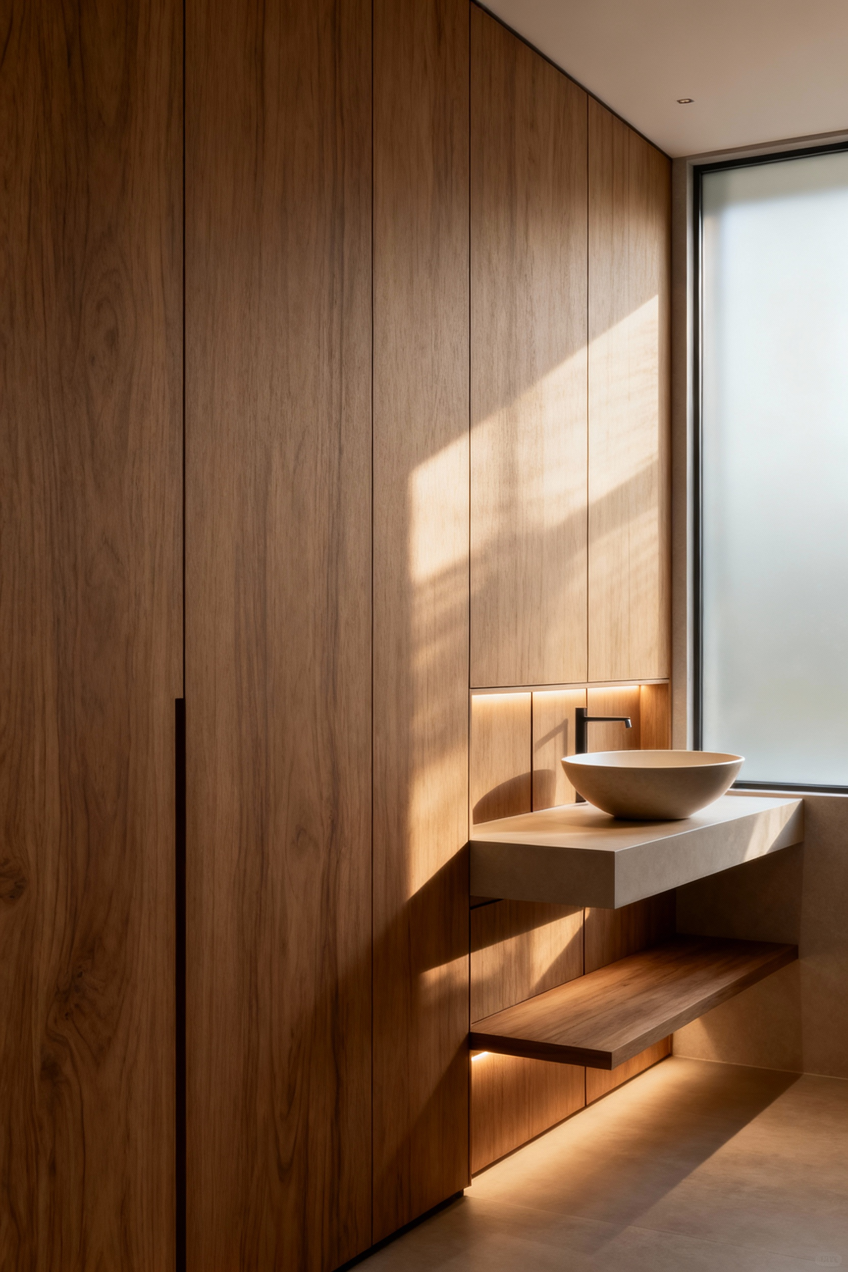 Elegant small bathroom with bespoke integrated joinery for seamless, concealed storage, featuring a minimalist floating vanity and subtle LED lighting, creating a serene and luxurious atmosphere.