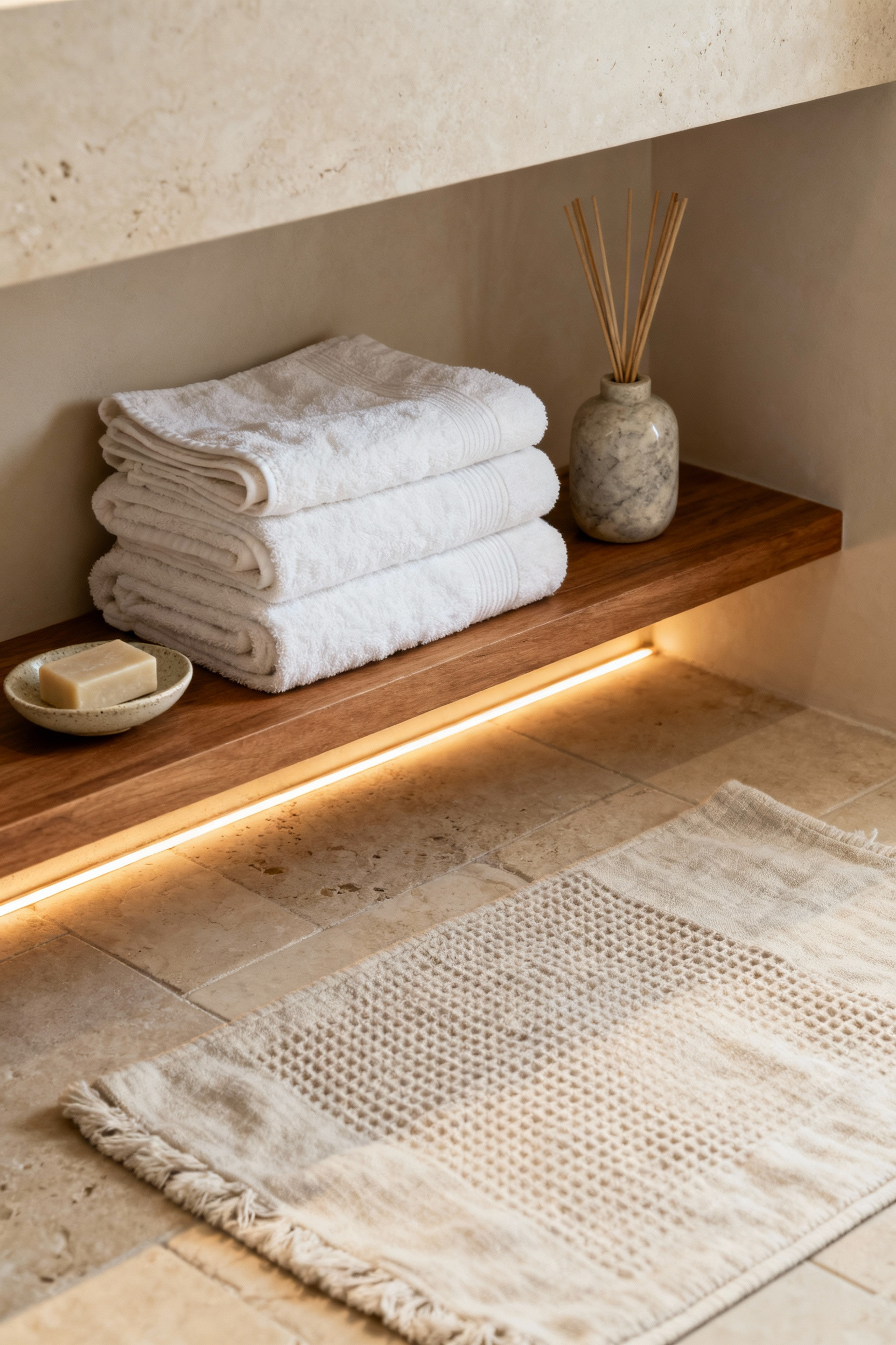 A professional photo showing carefully curated artisanal bath linens, including plush organic towels, a textured bathmat, and natural accessories, creating a luxurious and comfortable feel in a small spa-like bathroom with warm lighting.