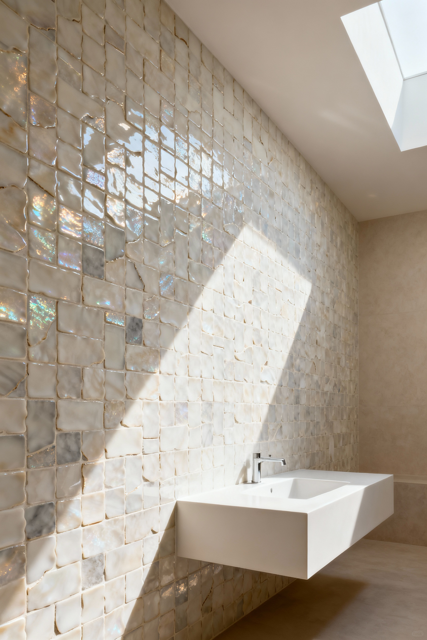 Luxurious small bathroom featuring a feature wall of pearl-white glazed Zellige tiles reflecting natural light beautifully, showcasing artisan craftsmanship and a spa-like ambiance.
