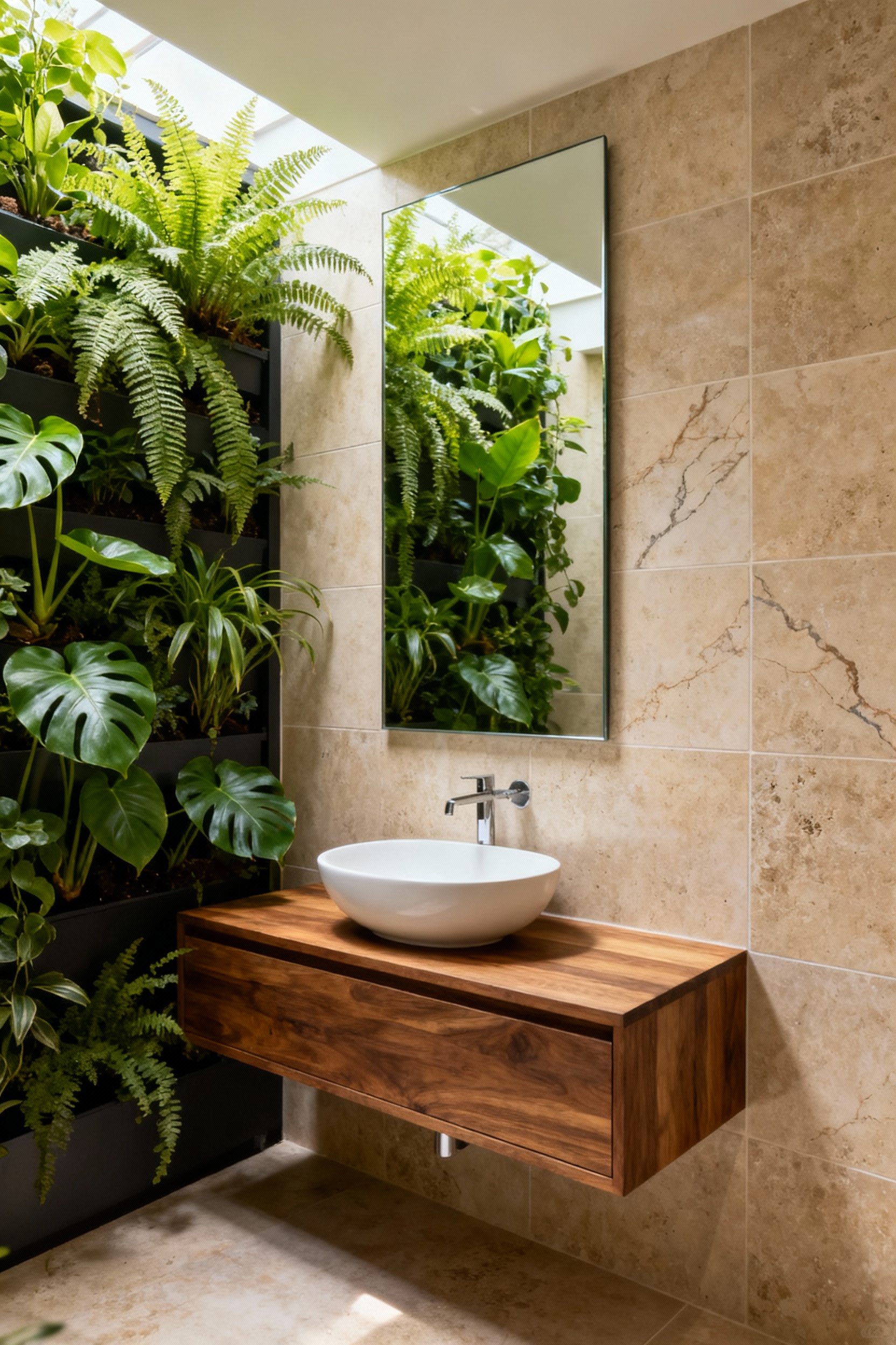 A small luxurious bathroom featuring a vibrant vertical plant wall, honed travertine, a teak vanity, and natural light, embodying biophilic design principles.